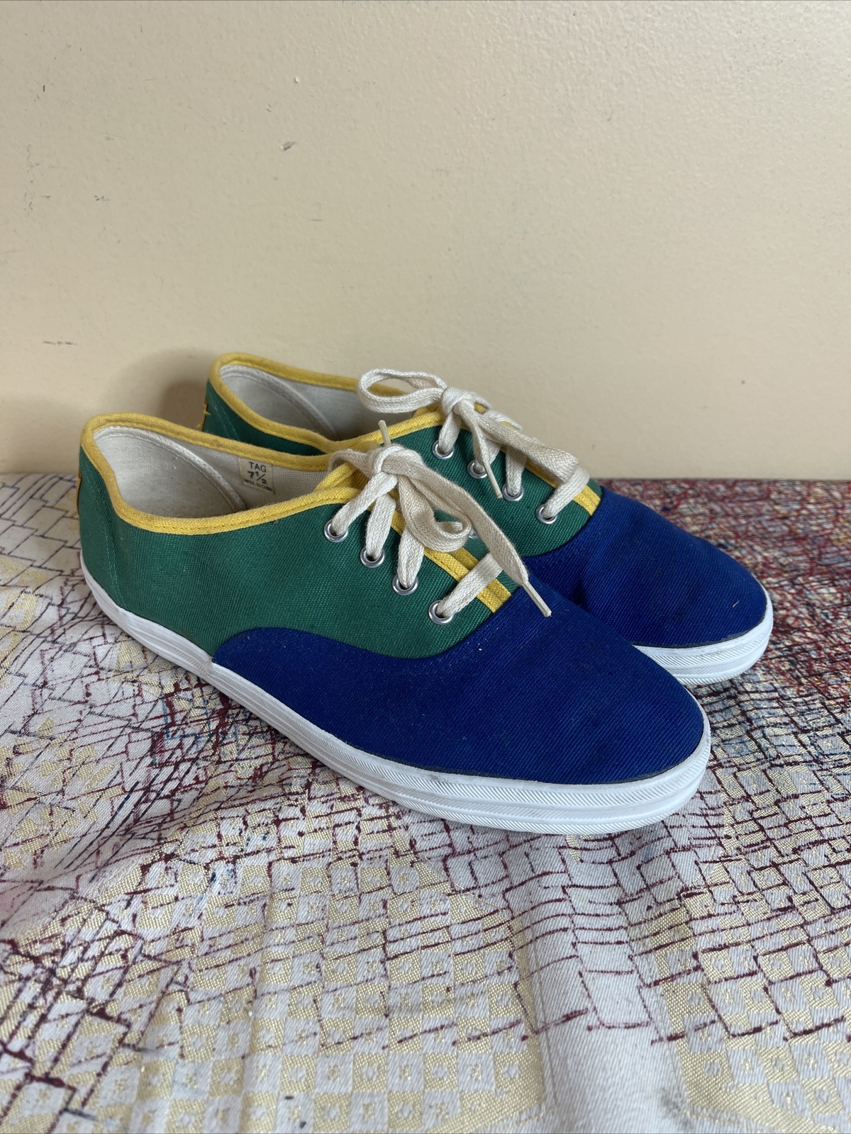 Vintage ESPRIT sz 7.5 Canvas Shoes Sneakers Color Block 80s 90s Retro Green Blue