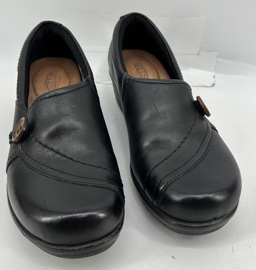 Keen Mora Button Black Leather Loafers Slip On Women’s Size 5