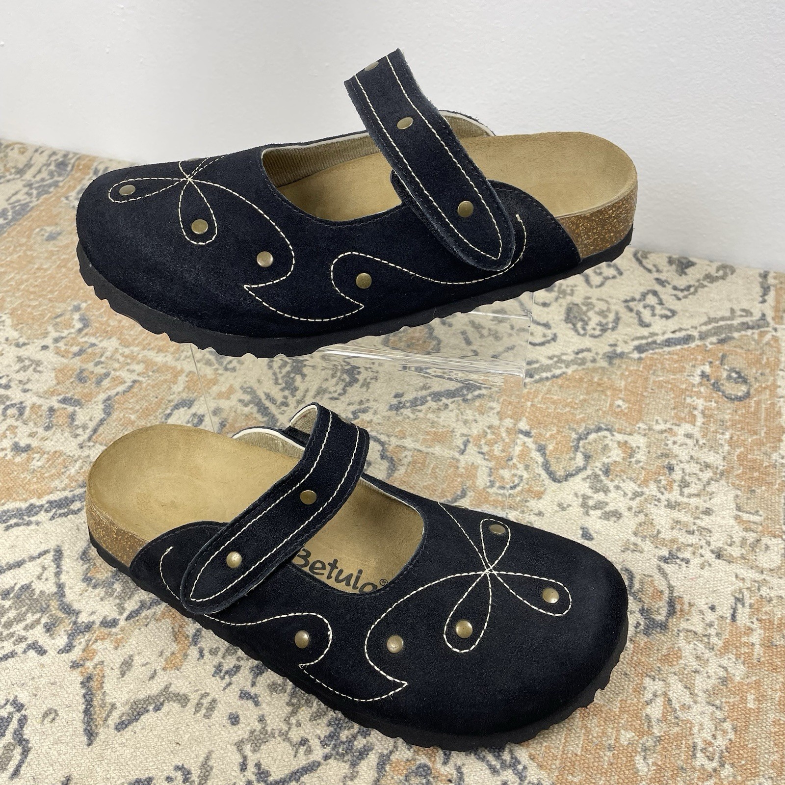 Betula By Birkenstock Mary Jane Clogs Black Suede Floral NWOB EU 38 US 7