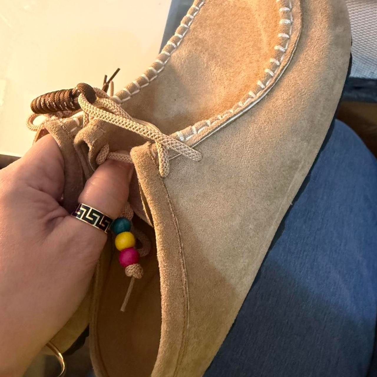 Tan Suede Moccasin Mule Clogs with Colorful Beaded Laces