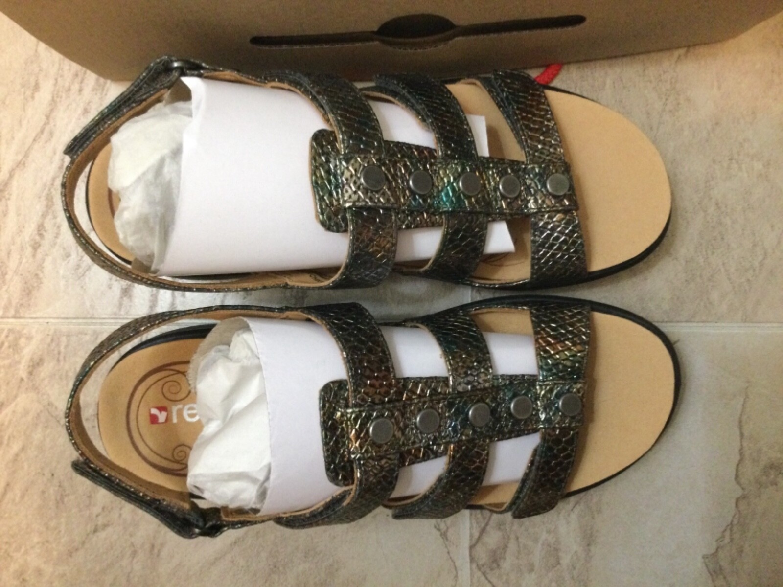 New $169 Revere Toledo Peacock Python Snake Black Slingback Sandals Women 6 M