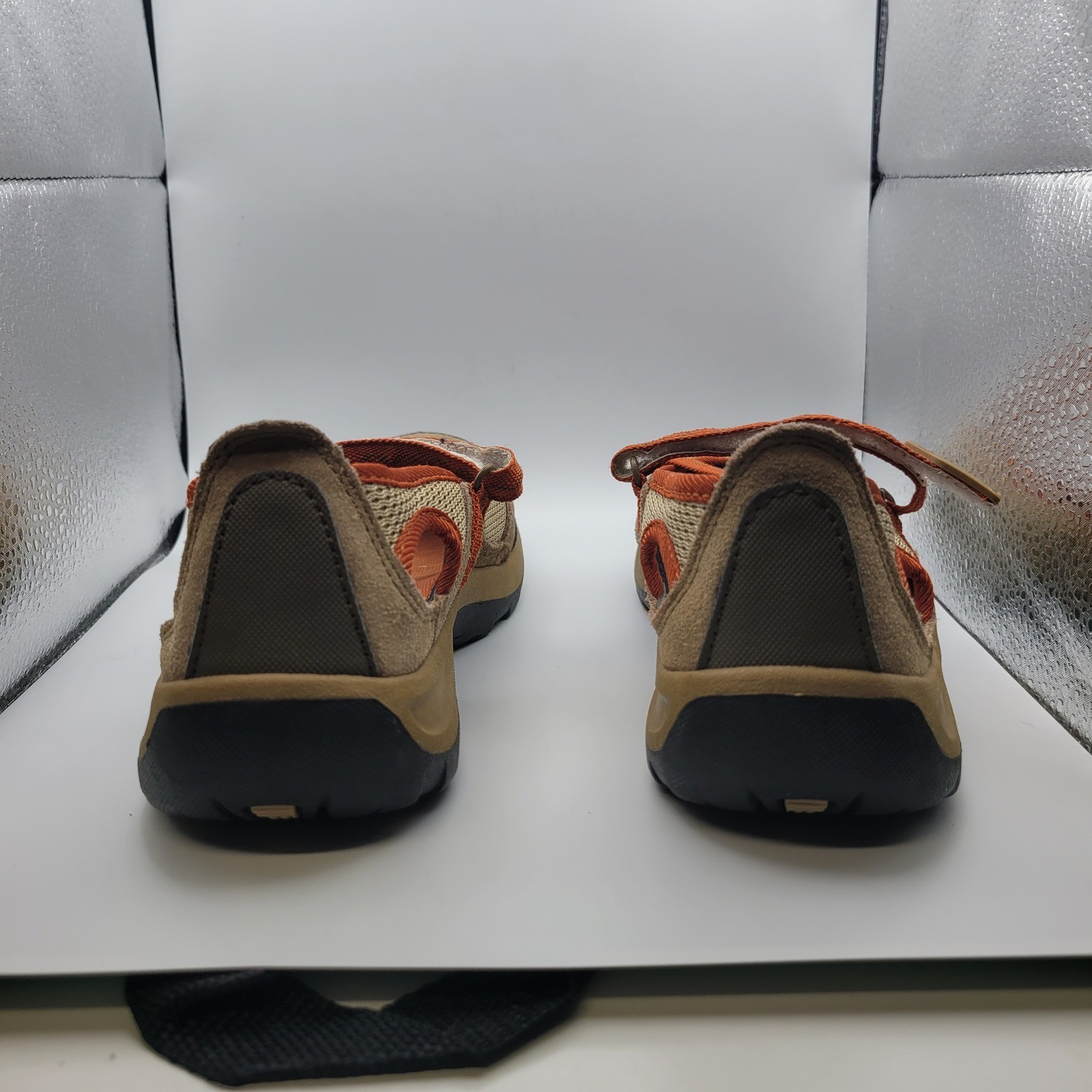Lands End Mary Jane Shoes Womens 6.5 B Tan Orange Mesh Hook Loop Comfort Walking