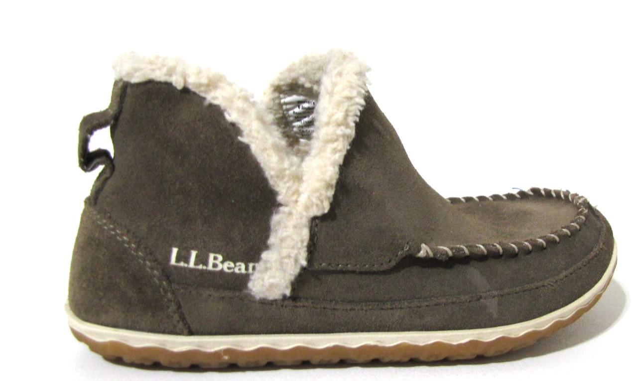 LL Bean Slippers Shoes Taupe-Olvie Suede Fur-Lined Comfort Moccasin Loafer Wm.6M
