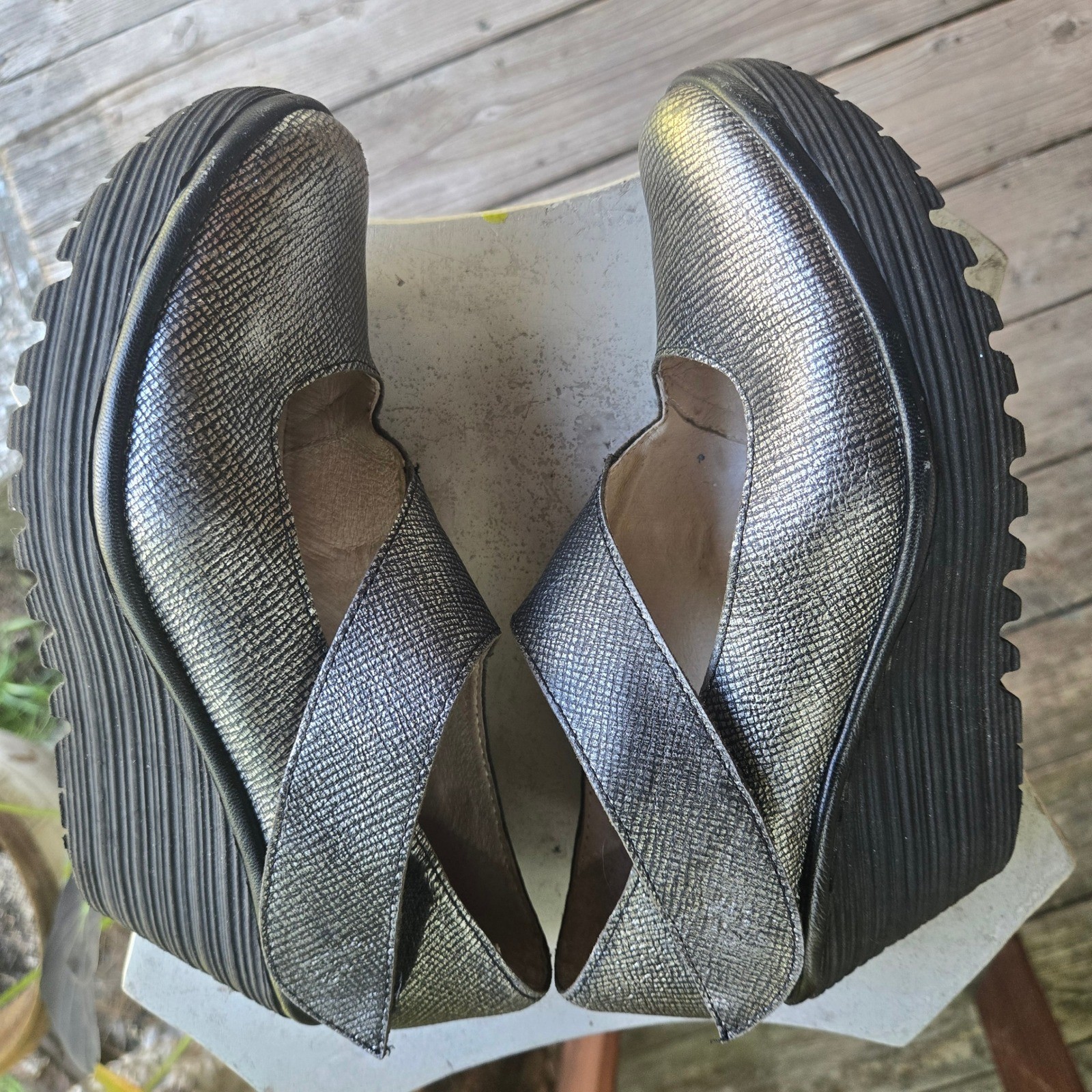 Fly London Pewter Silver Lato Wedge Size Eu 37 Us 6