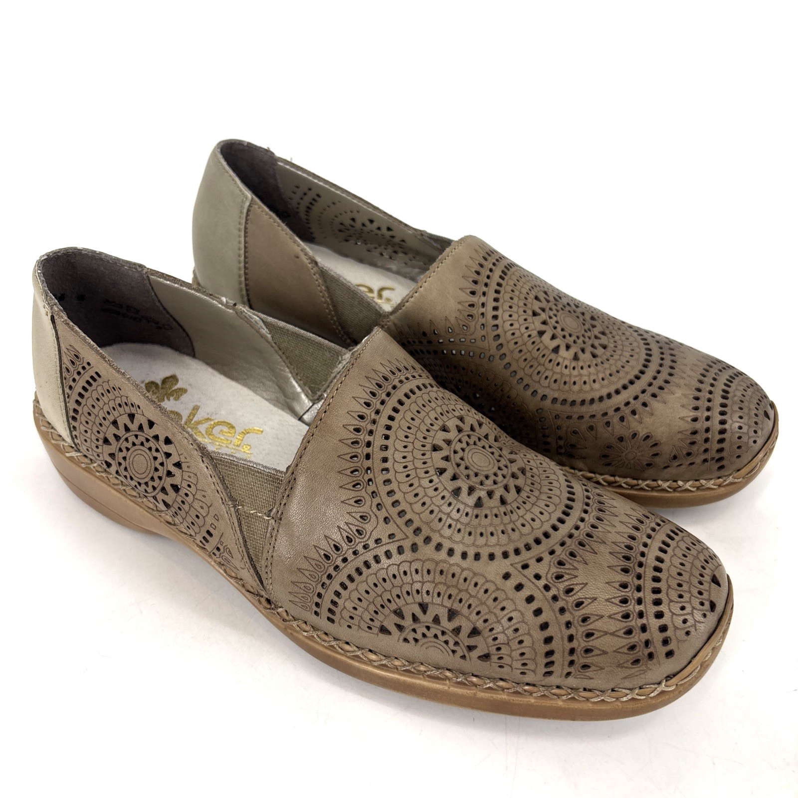 Rieker Anti-stress Laser-Cut Leather Slip On Shoes Womens 38 / 7.5 Taupe Heeled