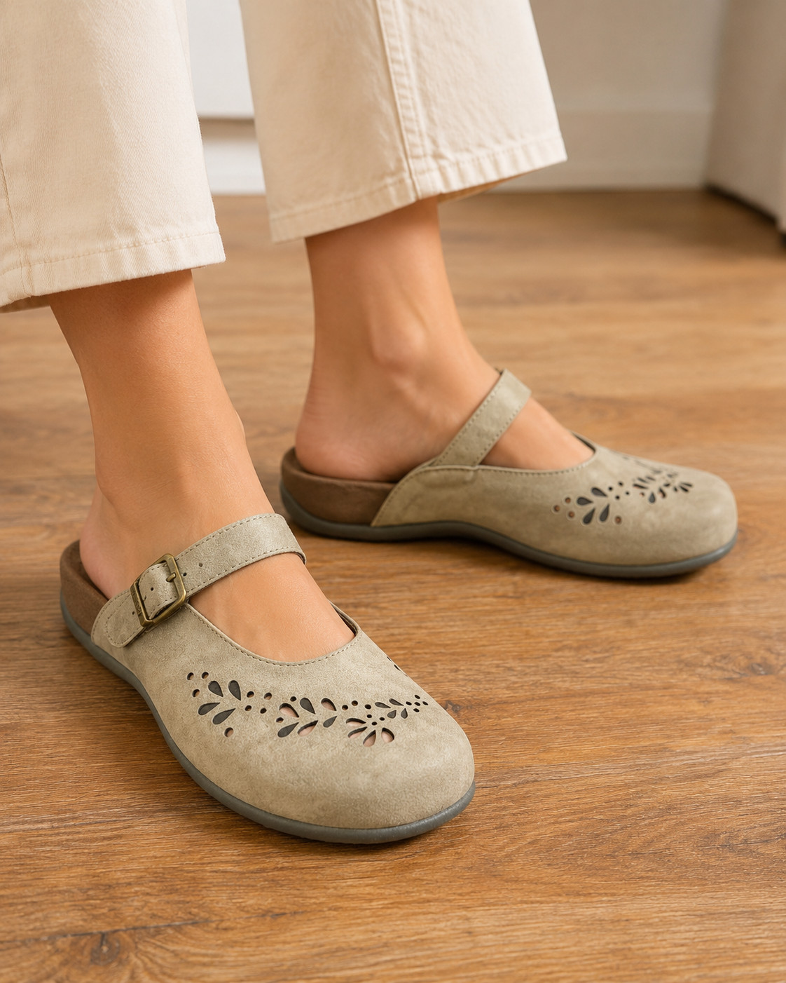 Vionic Rest Midway Mary Jane Mules Taupe Laser Cut Floral Orthotic Shoes Size 8