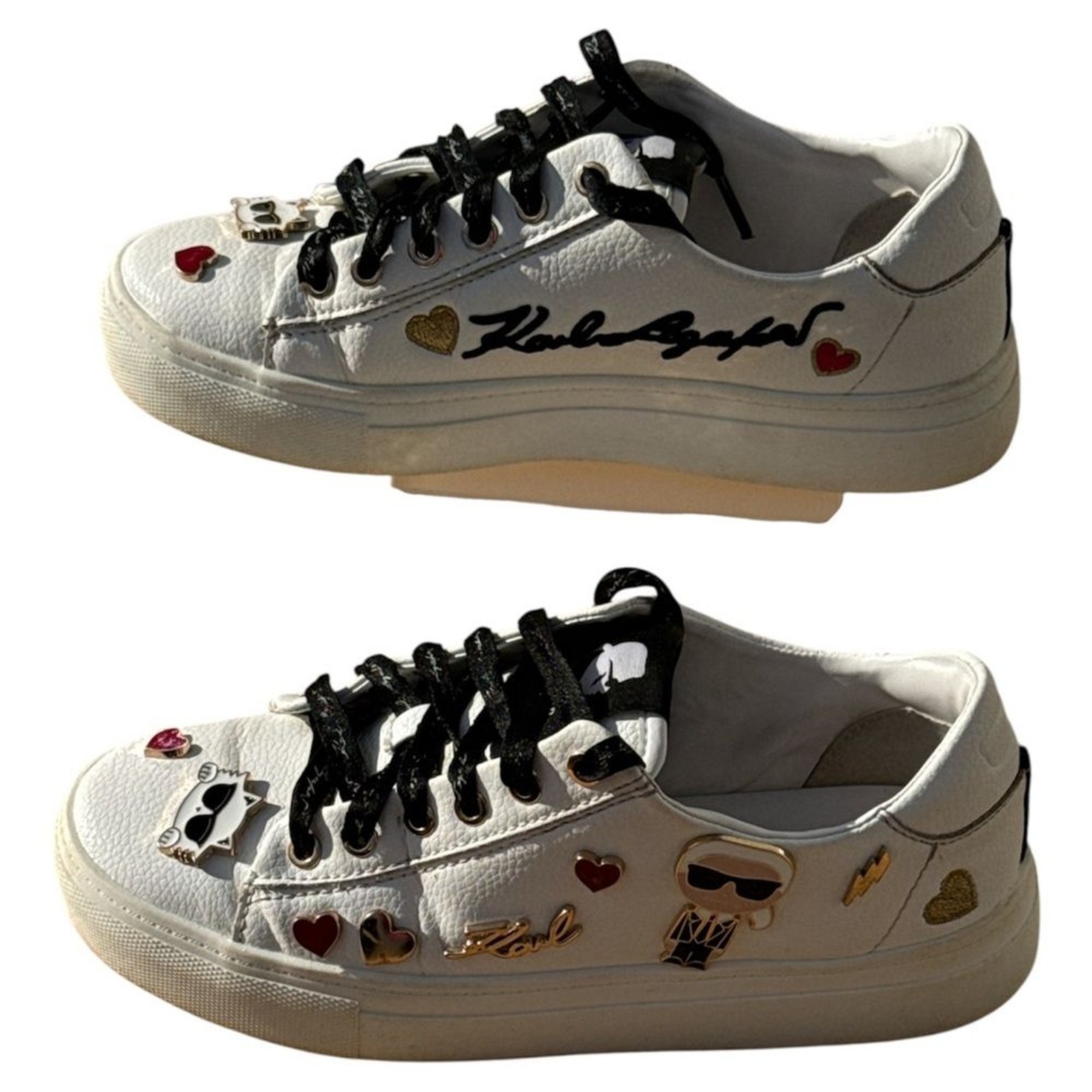 Karl Lagerfeld Paris Cate Pins Sneakers White Leather Heart Pins Charm Women 6M
