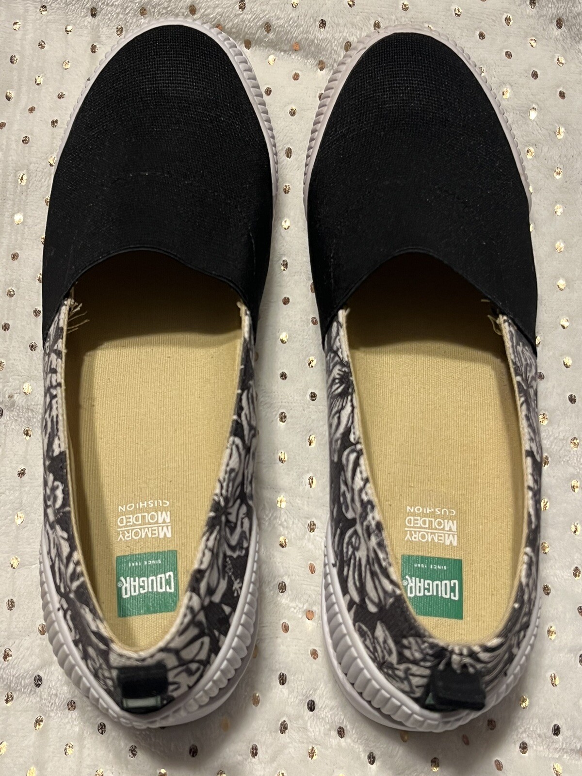 Cougar Sparkle SlipOn Shoe Comfort Black White Floral Casual Sneaker Women Sz 8M