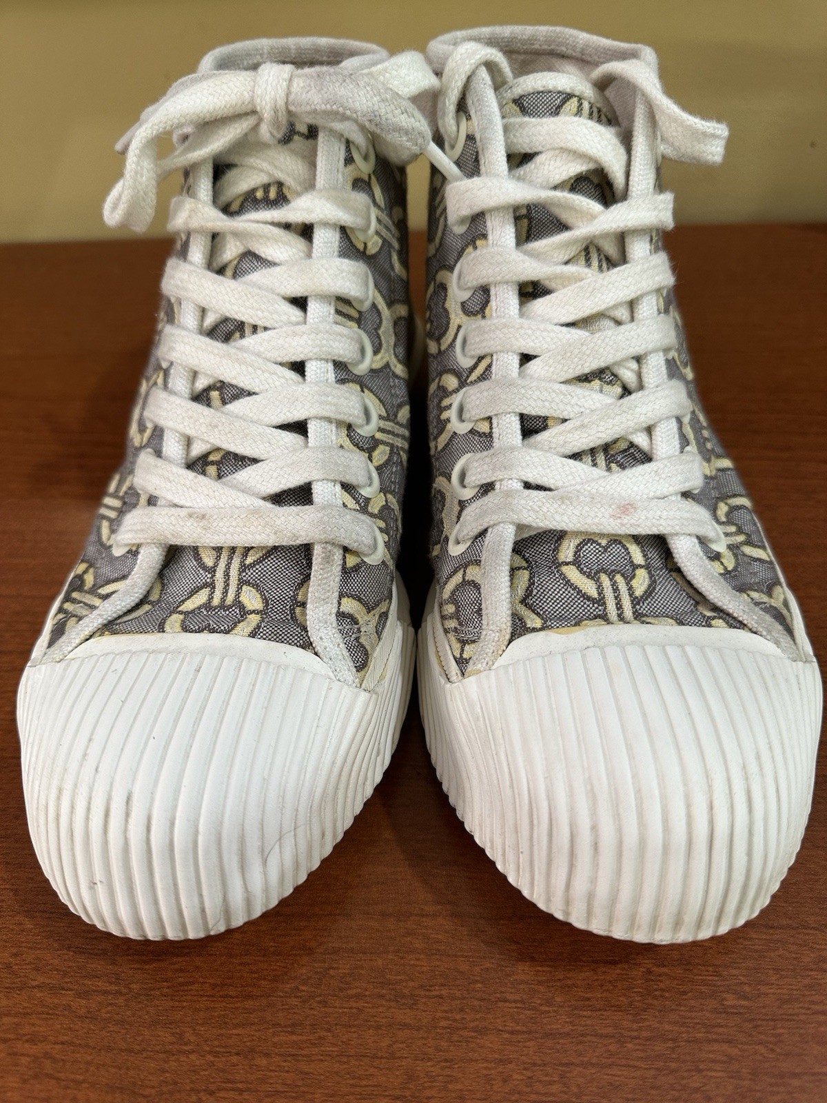 TORY BURCH “Buddy” Jacquard Sneakers White Beige Cap Toed High Top Shoes 7 M