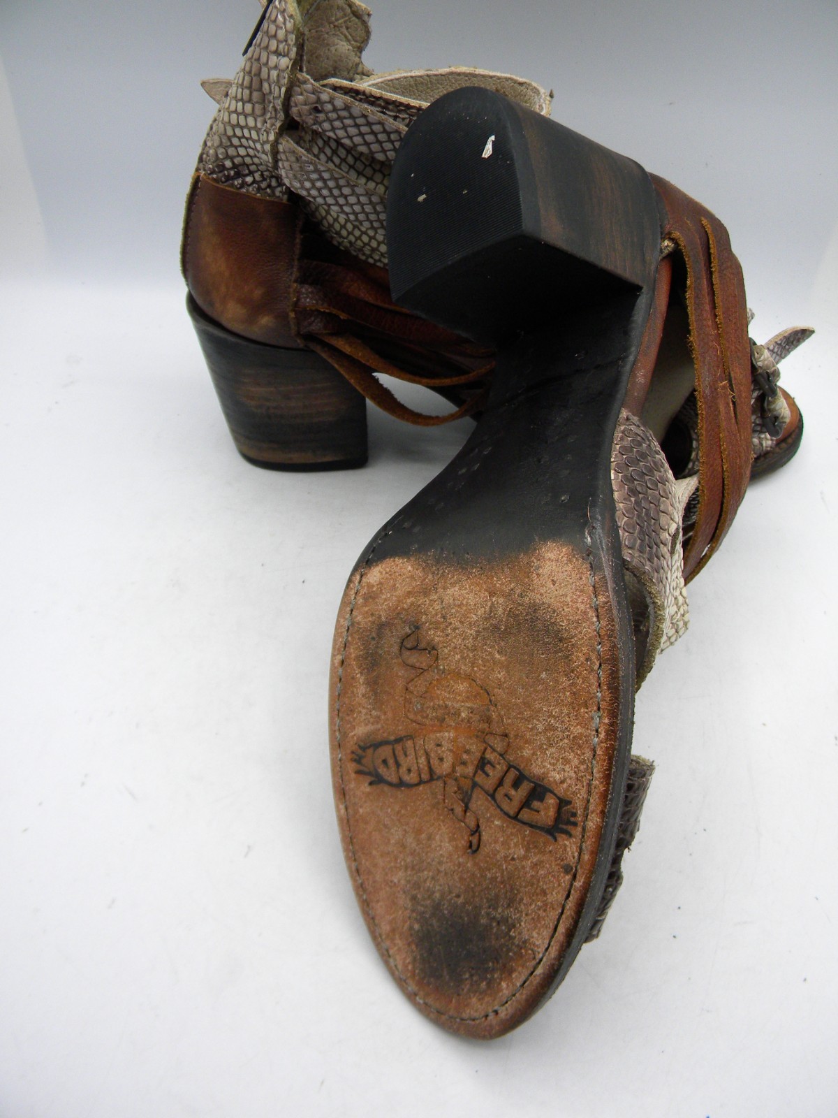 FREEBIRD by Steven Nest Snake Print & Brown Leather Block Heel Sandal Sz 9
