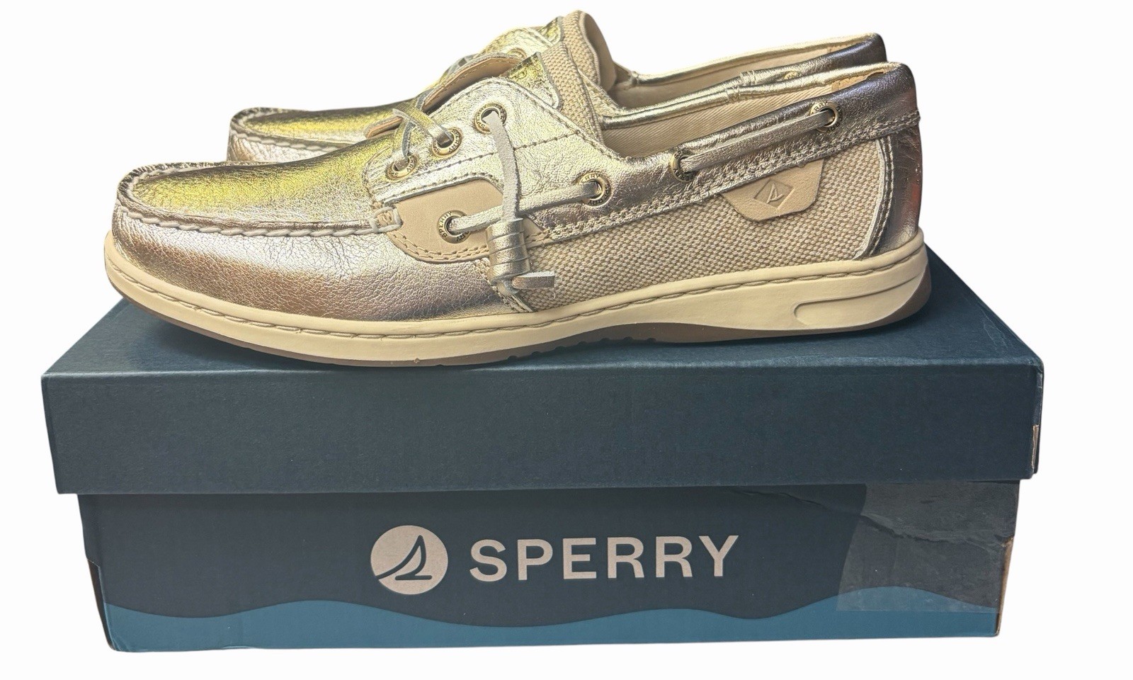 Sperry Women’s Rosefish Metallic Gold 3 Eye Leather Canvas Slip On Boat Shoes 7
