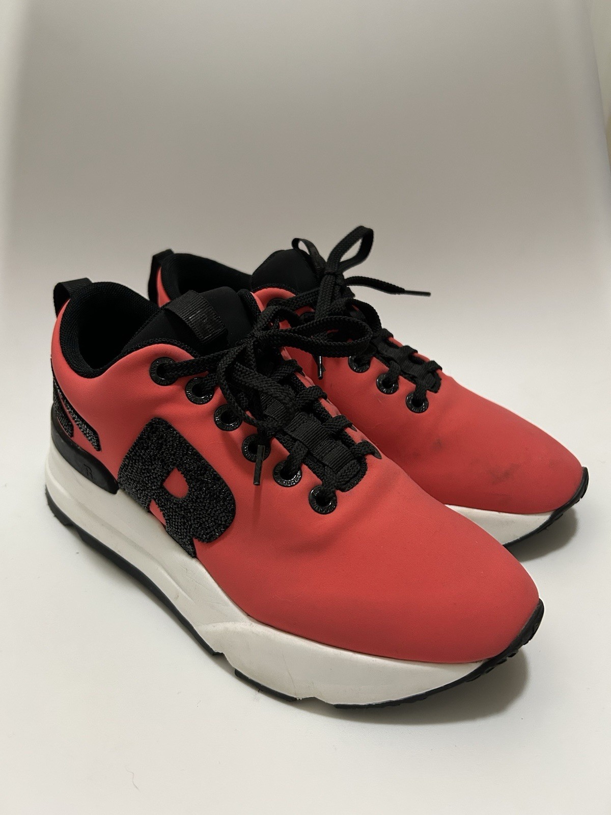 Rucoline Coral Pink Neoprene Platform Sneakers Rhinestone Logo Black Trim EU 38