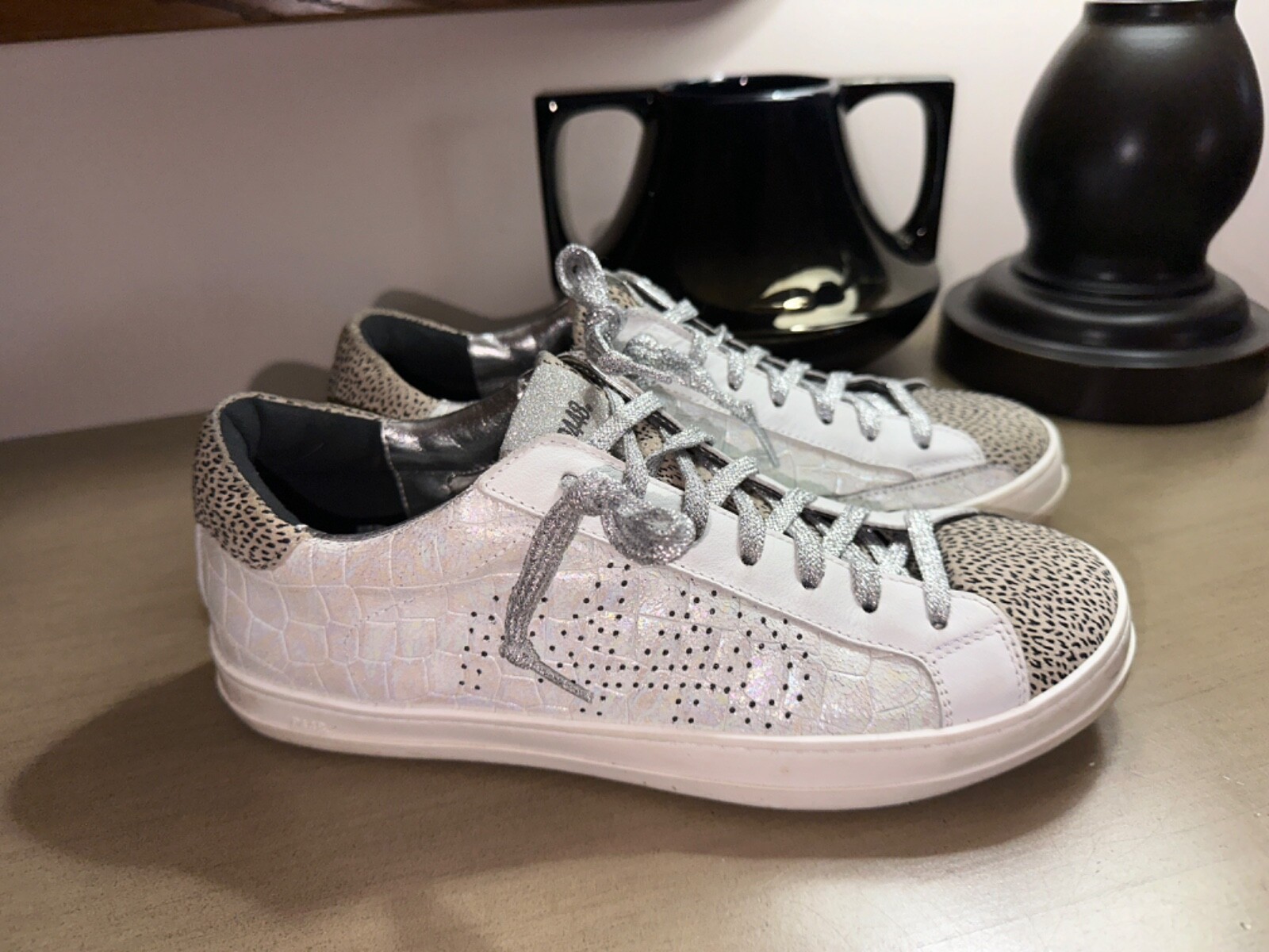 P448 John Pearl/white/spotted leather sneakers shoes w’s 10.5 EU 41 $298 Italy