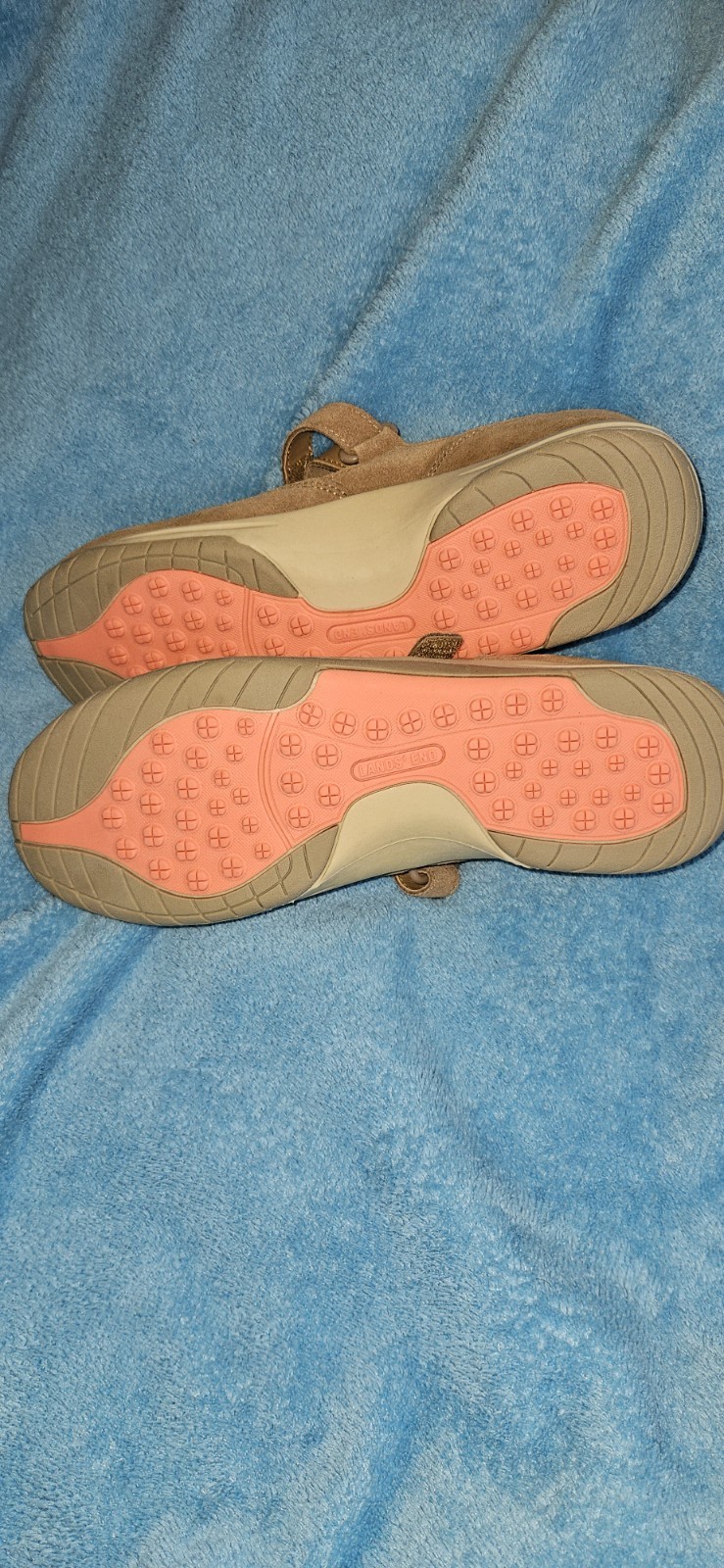 Lands’ End Mary Jane Suede Flats Hook & Loop Strap Beige/Pink Women’s 9