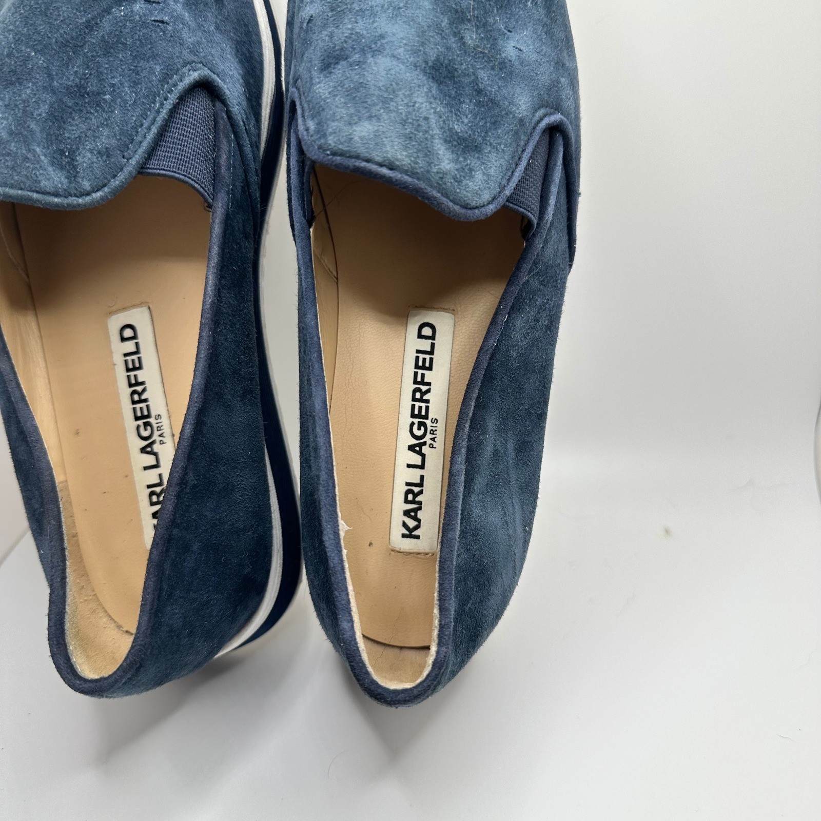 Karl Lagerfeld Navy Blue Suede Platform Slip On Sneakers Shoes Womens 6 M