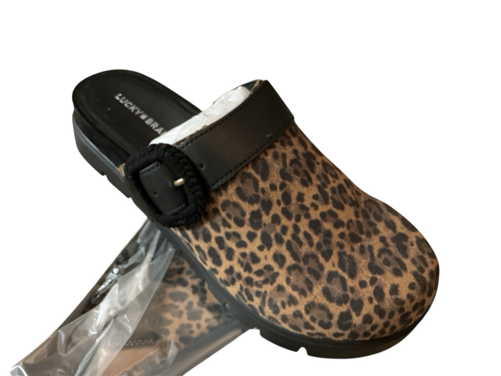 Lucky Brand Sachie Leopard Print Suede Buckle Hardware Clogs Women’s Size 8