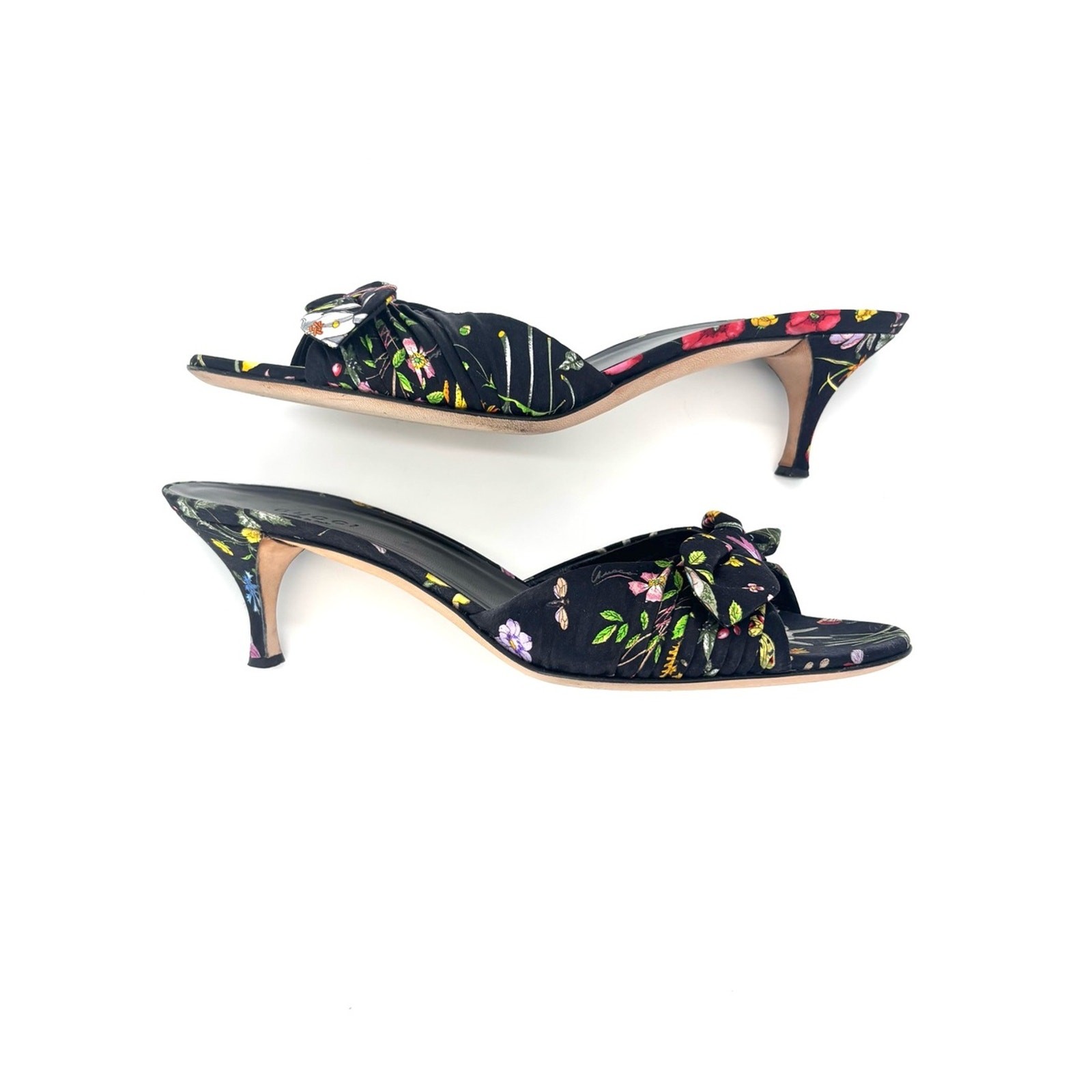 Vintage Gucci Flora Bow Slip On Kitten Heel Slip On Mules Sandals 7.5