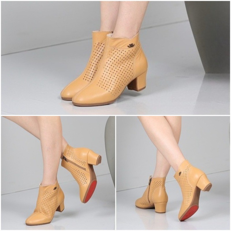 Faux Leather Summer Hollow Out Latin Dance Shoes Lady Mid-Heel Soft-Soled Shoes