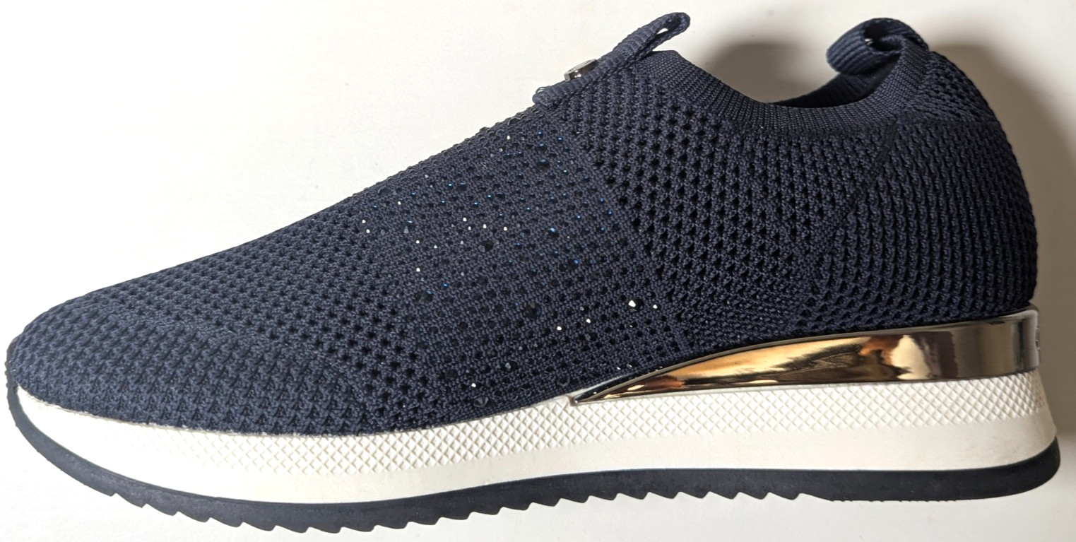 Carvela Janeiro Navy Blue Knit Wedge Sneakers Rhinestone Slip On EU 39 US 8.5