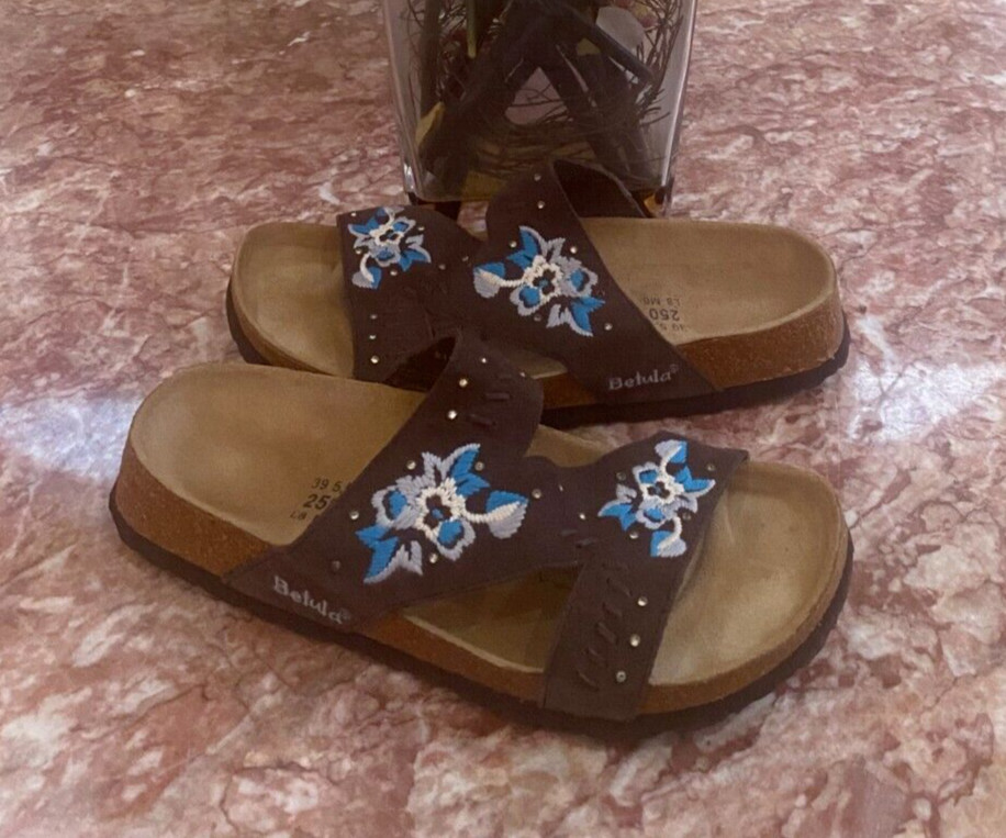 Betula by Birkenstock Zara Brown Embroidered Floral Sandals Size 8 EUC!