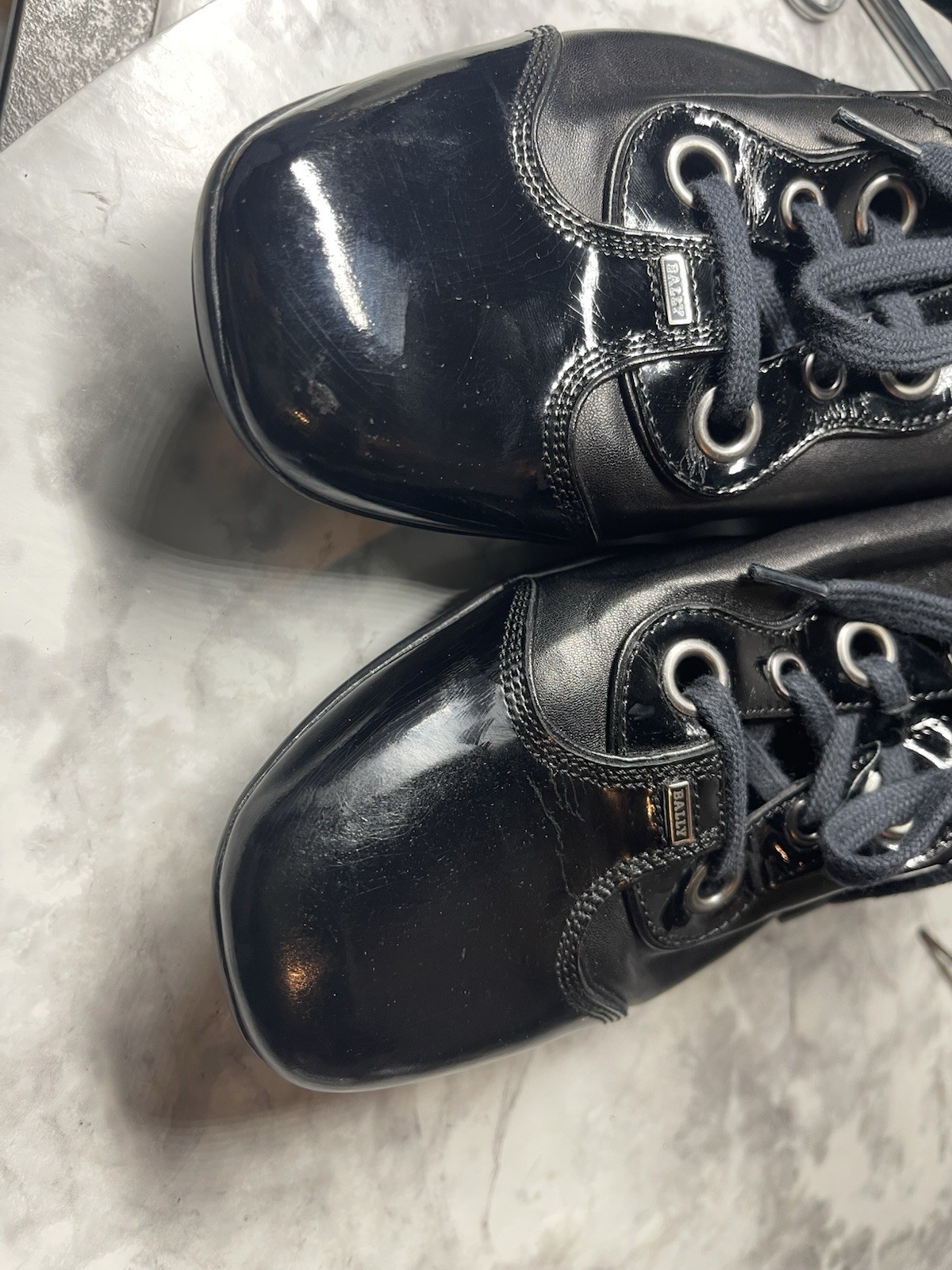 Bally Kayak Sneakers Women 38 / 7.5M Shoes Black Patent Leather Switzerland Made