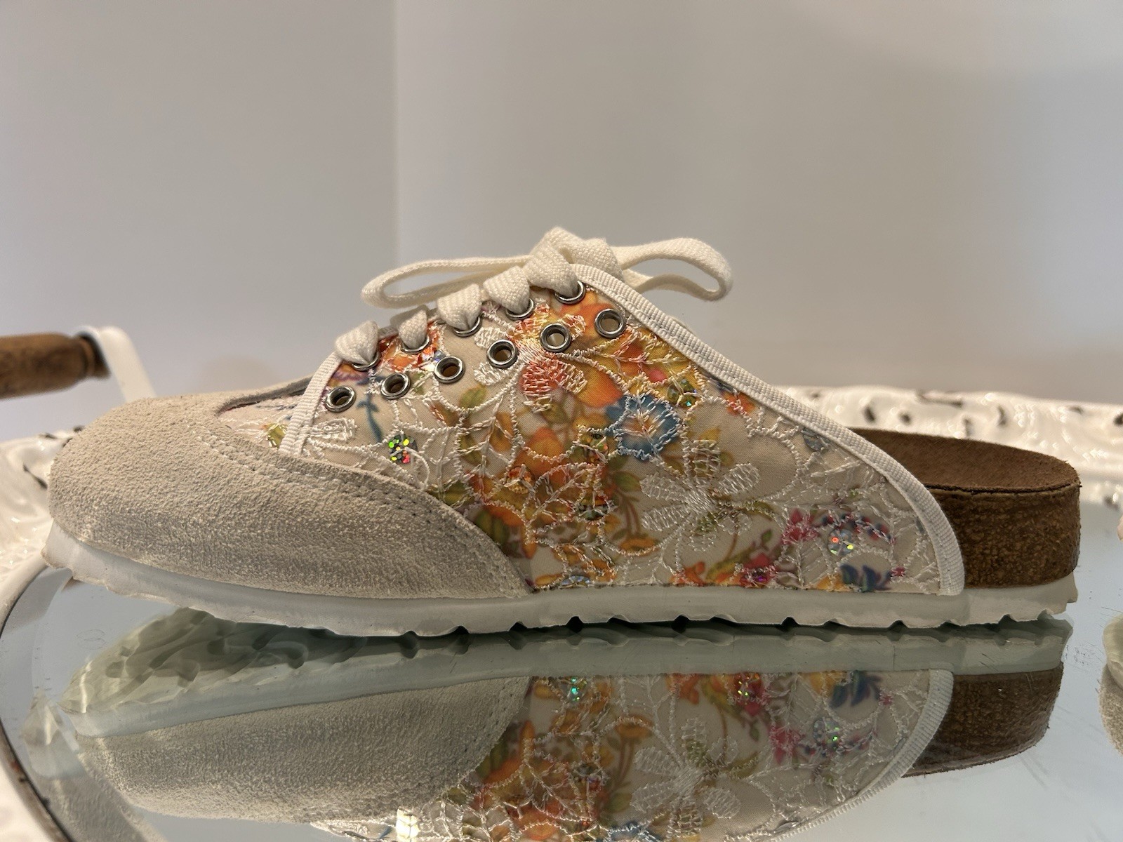 Birkenstock Birkis Embroidered Sequin Lace Floral Slip On Clog Rare Size 8
