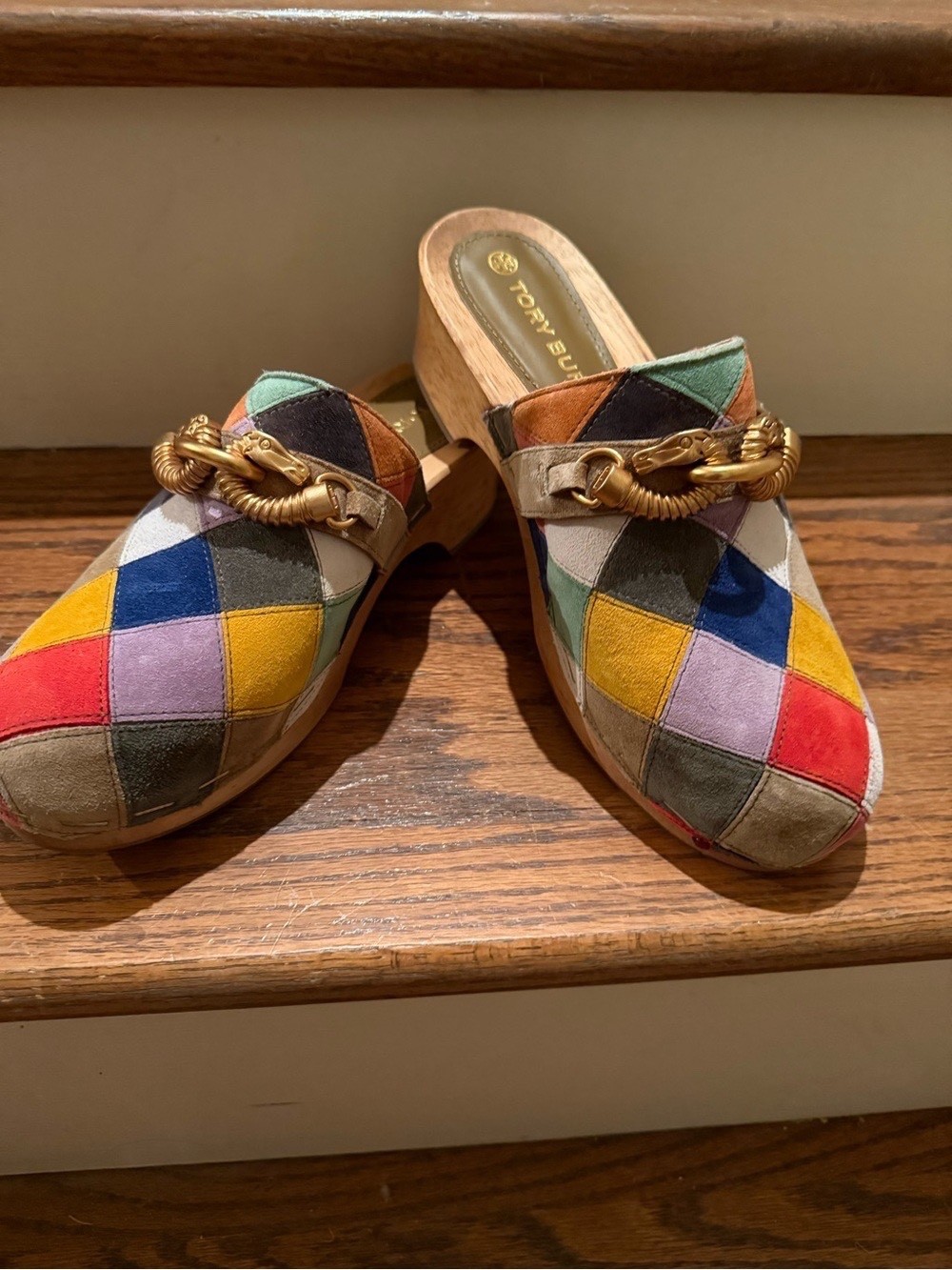 Tory Burch Jessa Clogs Patchwork Suede Mule Color Block Heel Size 8.5 EUC