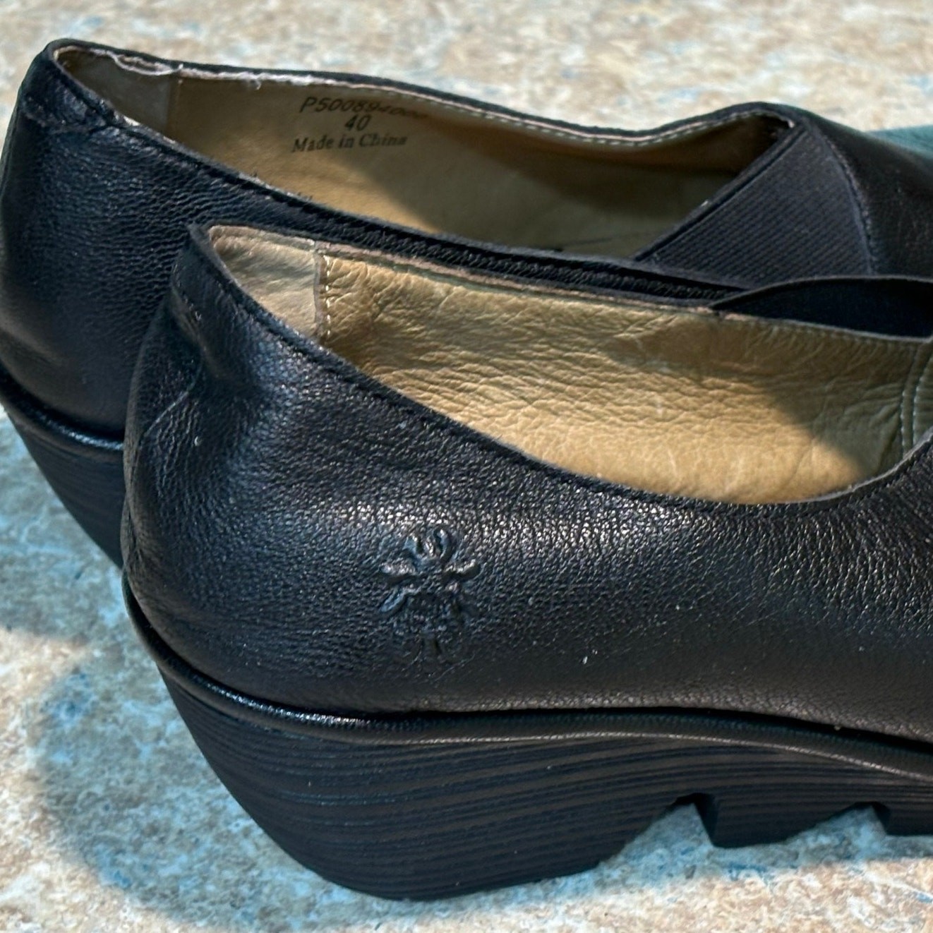 Fly London Black Peso Wedge Classic Comfort Leather Slip on Shoes Size 40