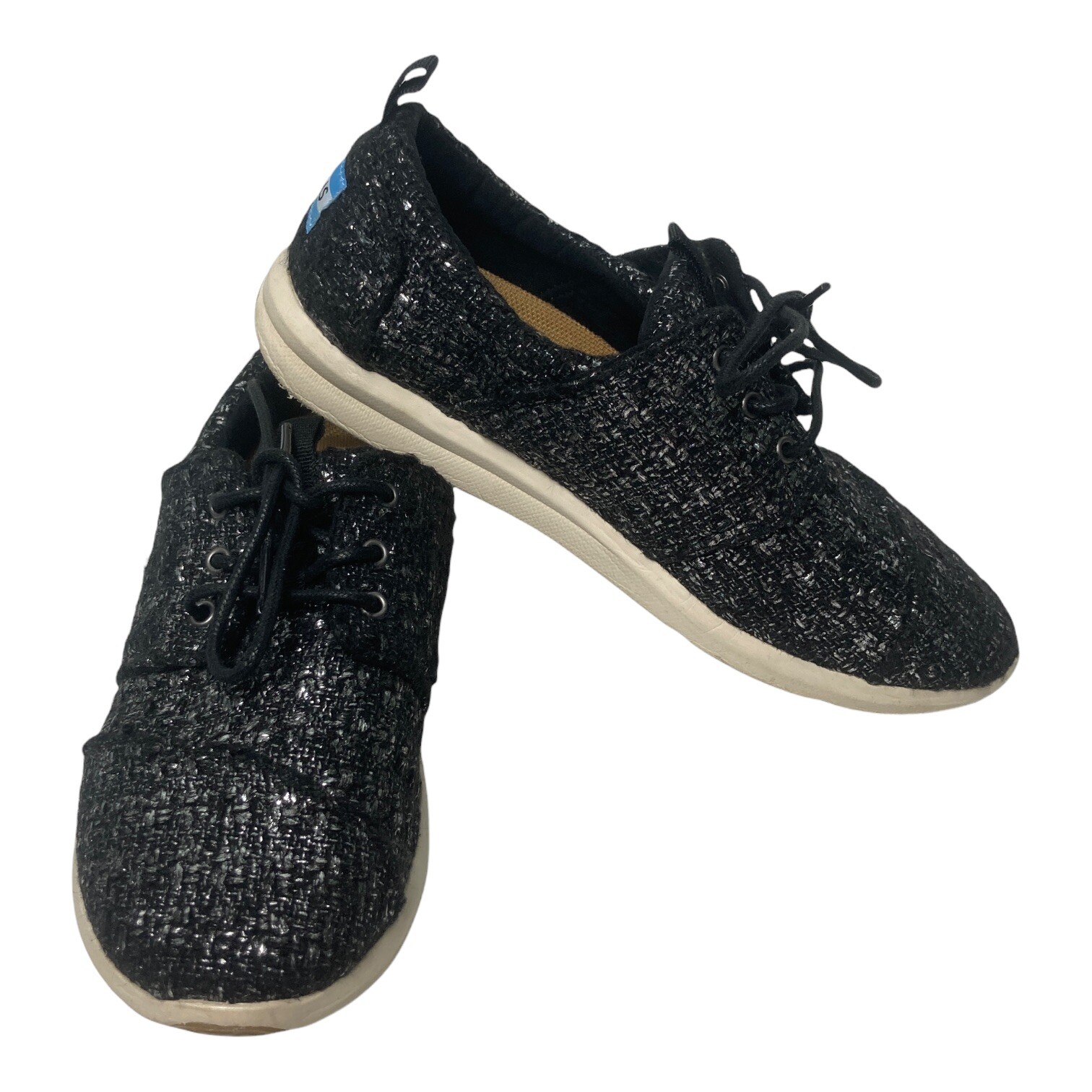 Toms Del Rey Women Size 6.5 EU 37 Textured Fabric Black Silver Lace Up Sneakers