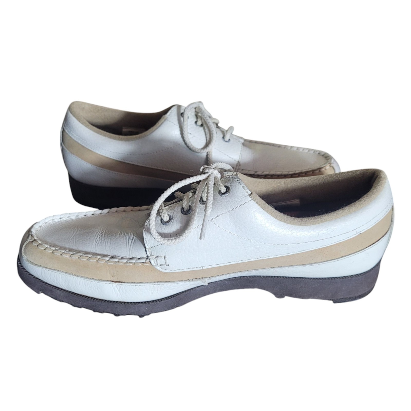 Footjoy Softjoy Leather Lace Up Loafers Shoes Women’s 8.5 White Tan Golf Preppy