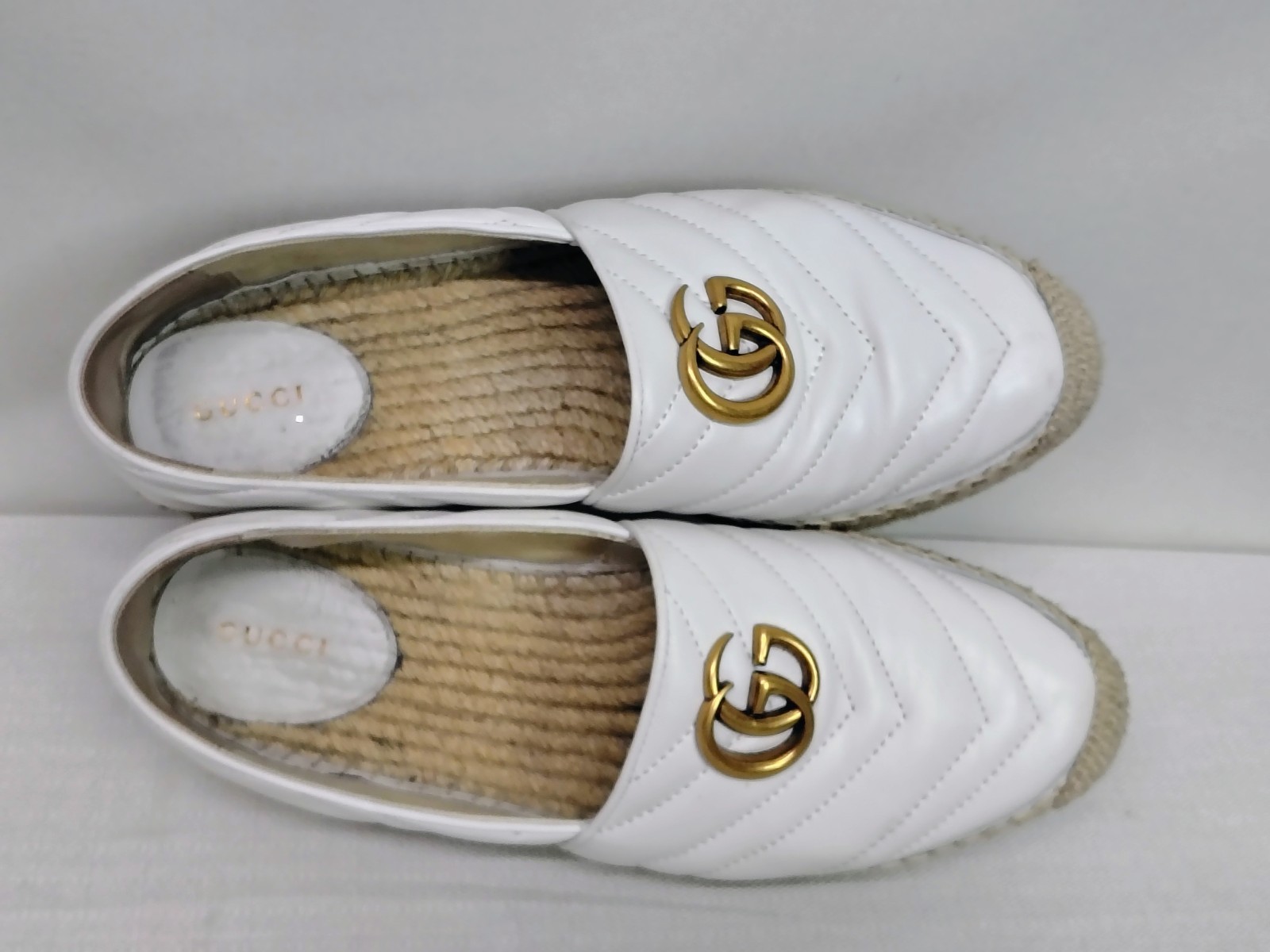 GUCCI SHOES PILAR WHITE CHEVRON LEATHER GG PLATFORM ESPADRILLE $790 39.5 US 9.5