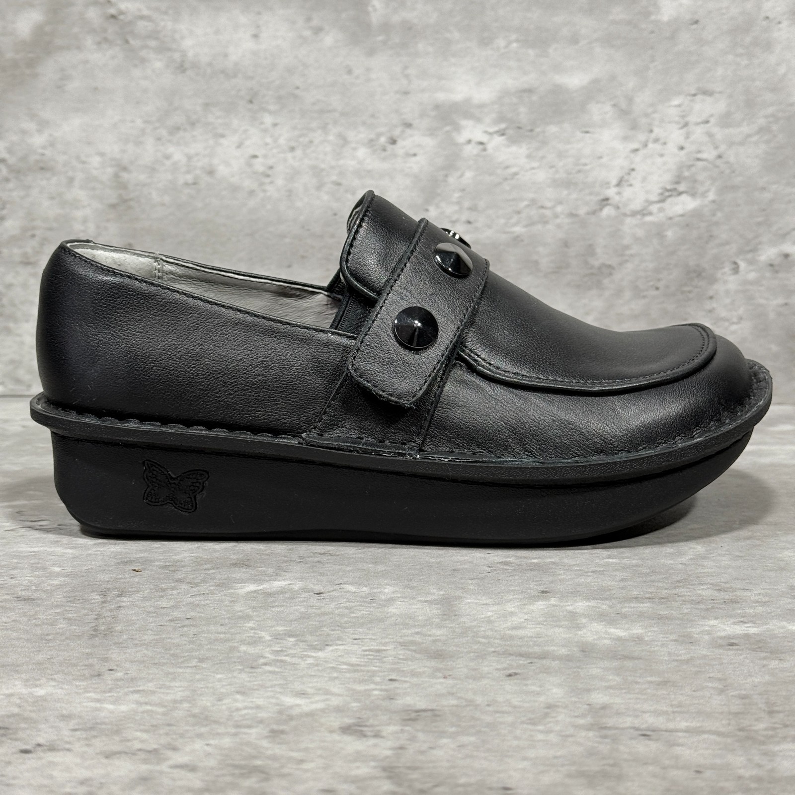 Alegria Ericka Black Leather Studded Strap Hook & Loop Wedge Shoes Women’s 8-8.5