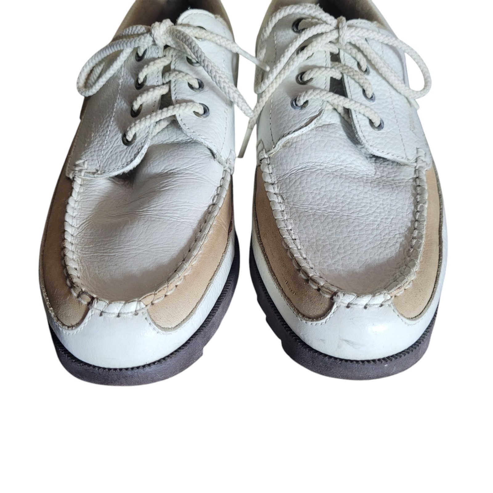 Footjoy Softjoy Leather Lace Up Loafers Shoes Women’s 8.5 White Tan Golf Preppy