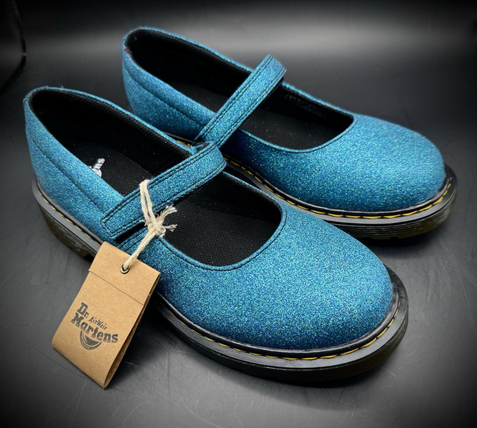 NWT SZ 7 US 38 EU Dr Doc Martens Maccy Mary Jane Single Strap Blue Glitter Shoes
