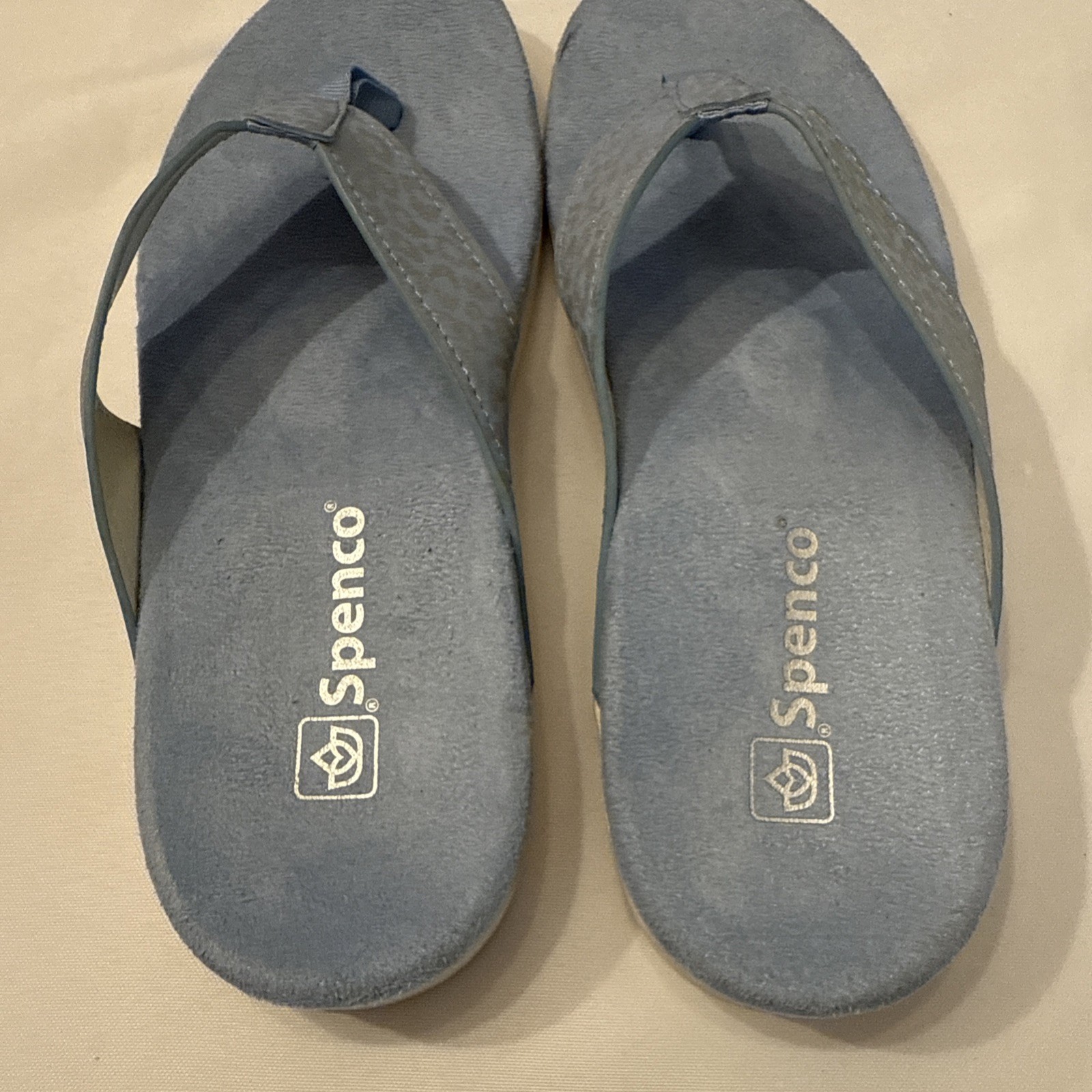 SPENCO ORTHOTIC THONG SANDAL, CHEETAH, BLUE GRAY, SIZE 7