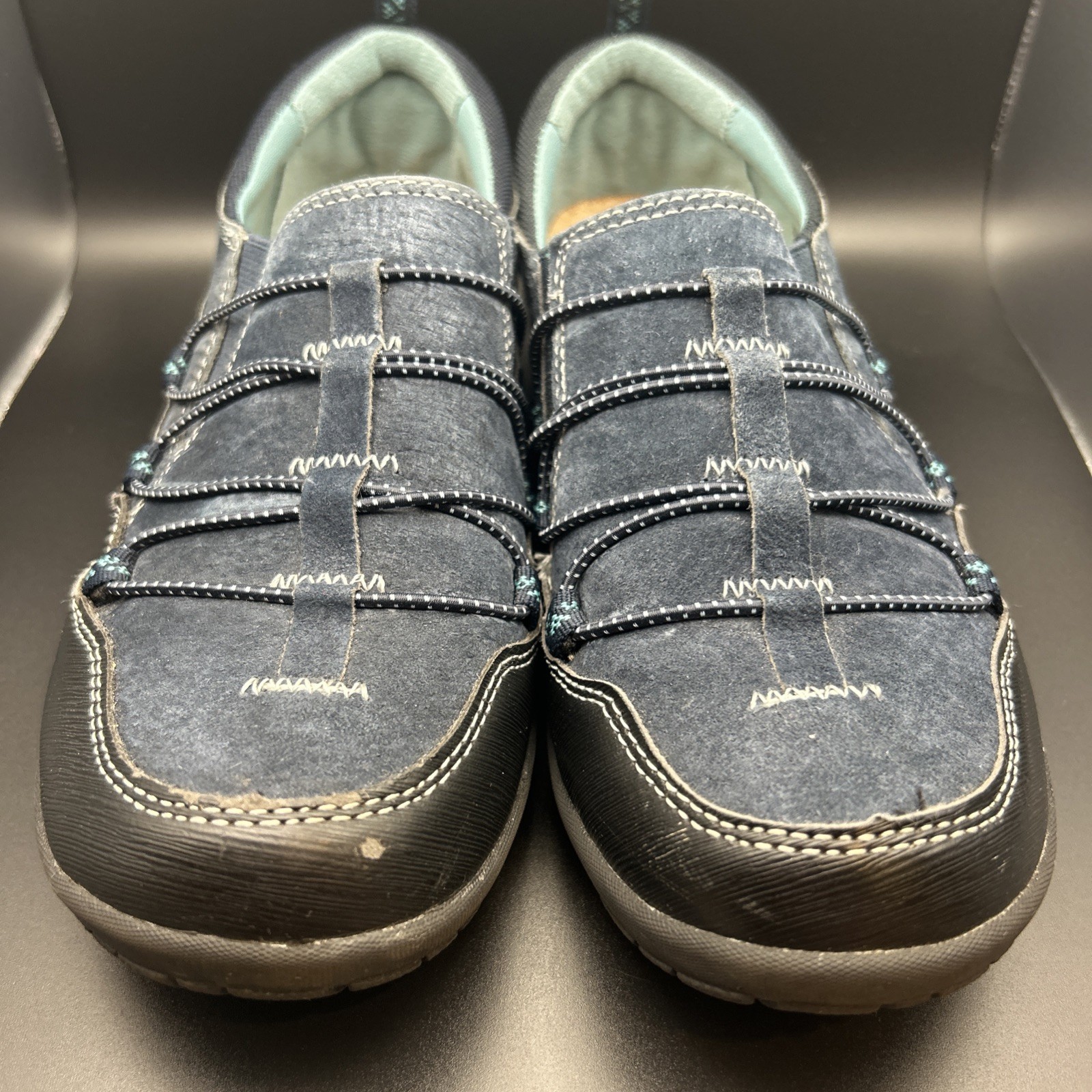 Earth Origins Womens 8M April Suede-Elastic Tie Slip-On Blue Suede Shoes.