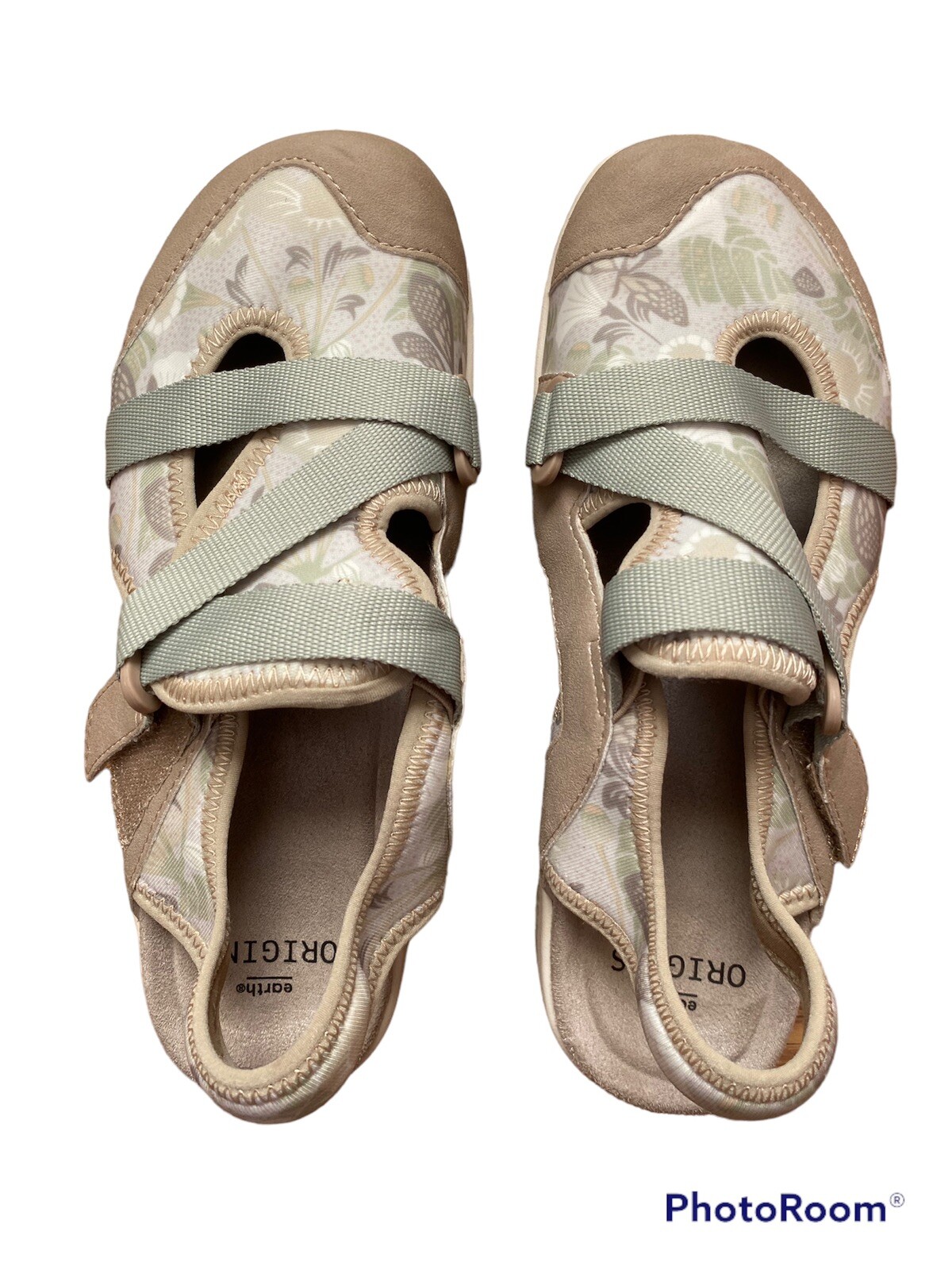 Womens Earth Origins Slip-On Adjustable Strap Size 7 Floral Cloth and Suede