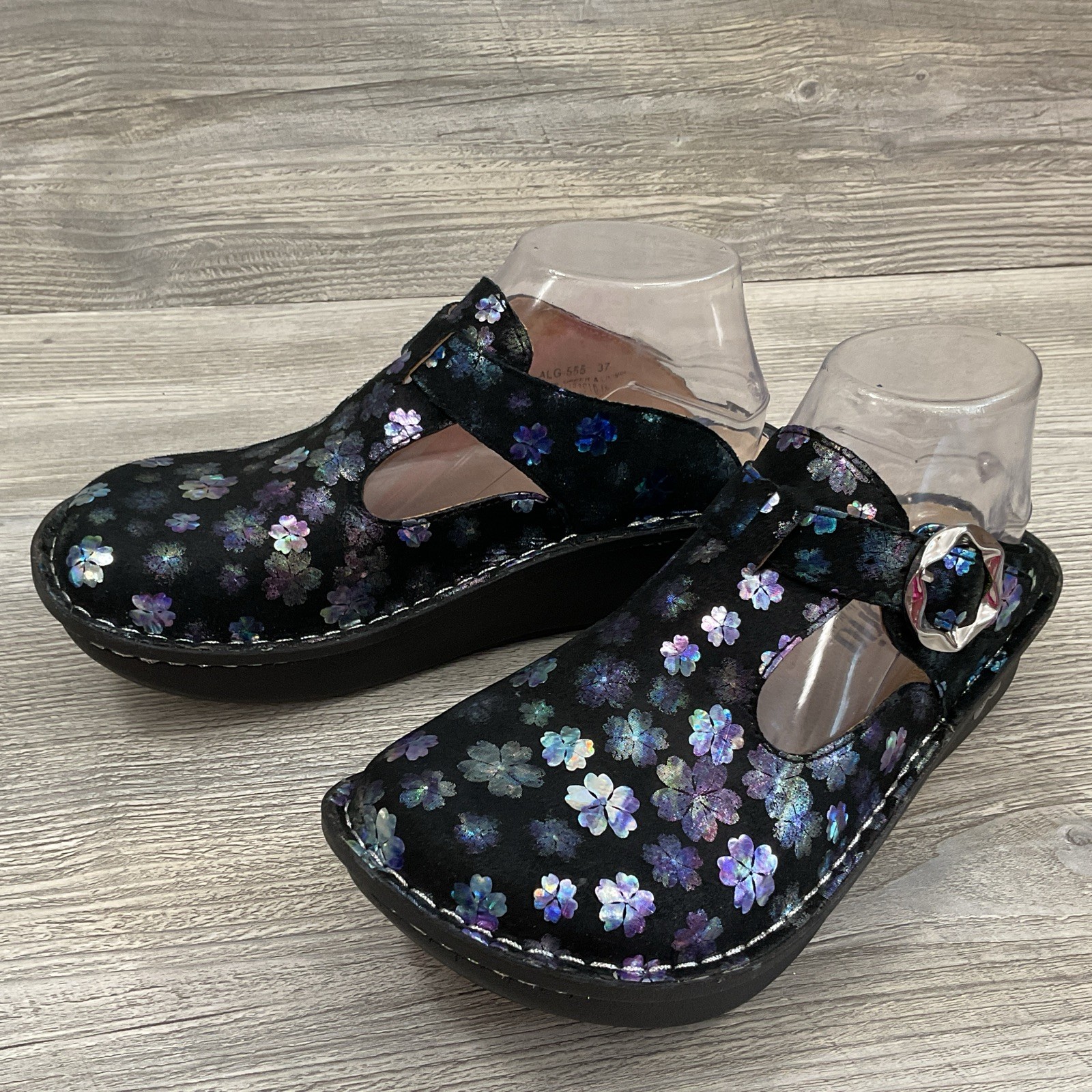 Alegria ALG-555 Mary Jane Clogs Womens US 7-7.5 EU 37 Black Floral Leather NEW