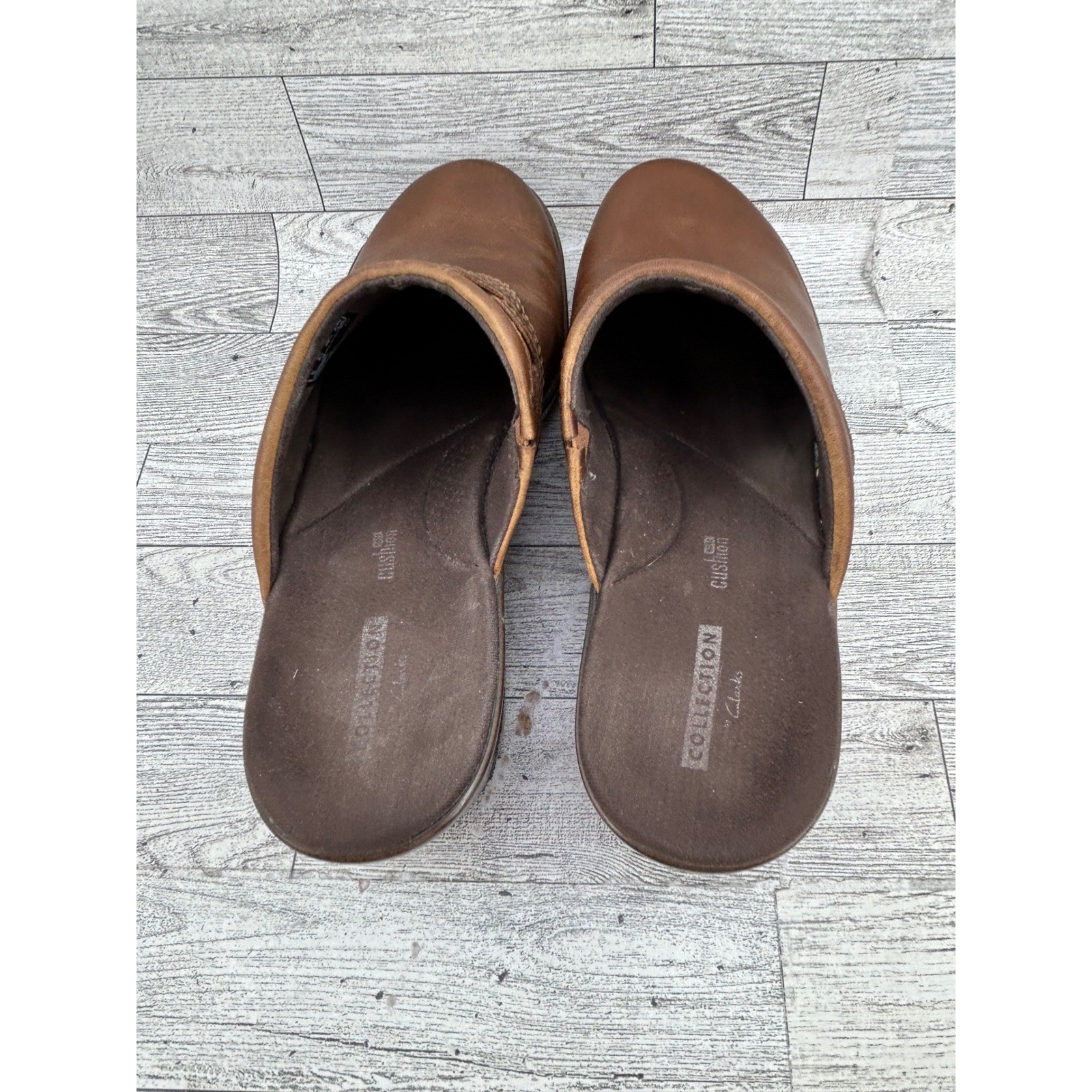 Clarks Collection Women Brown Leather Braided Mules Clogs Cushion Soft Sz 8.5 M