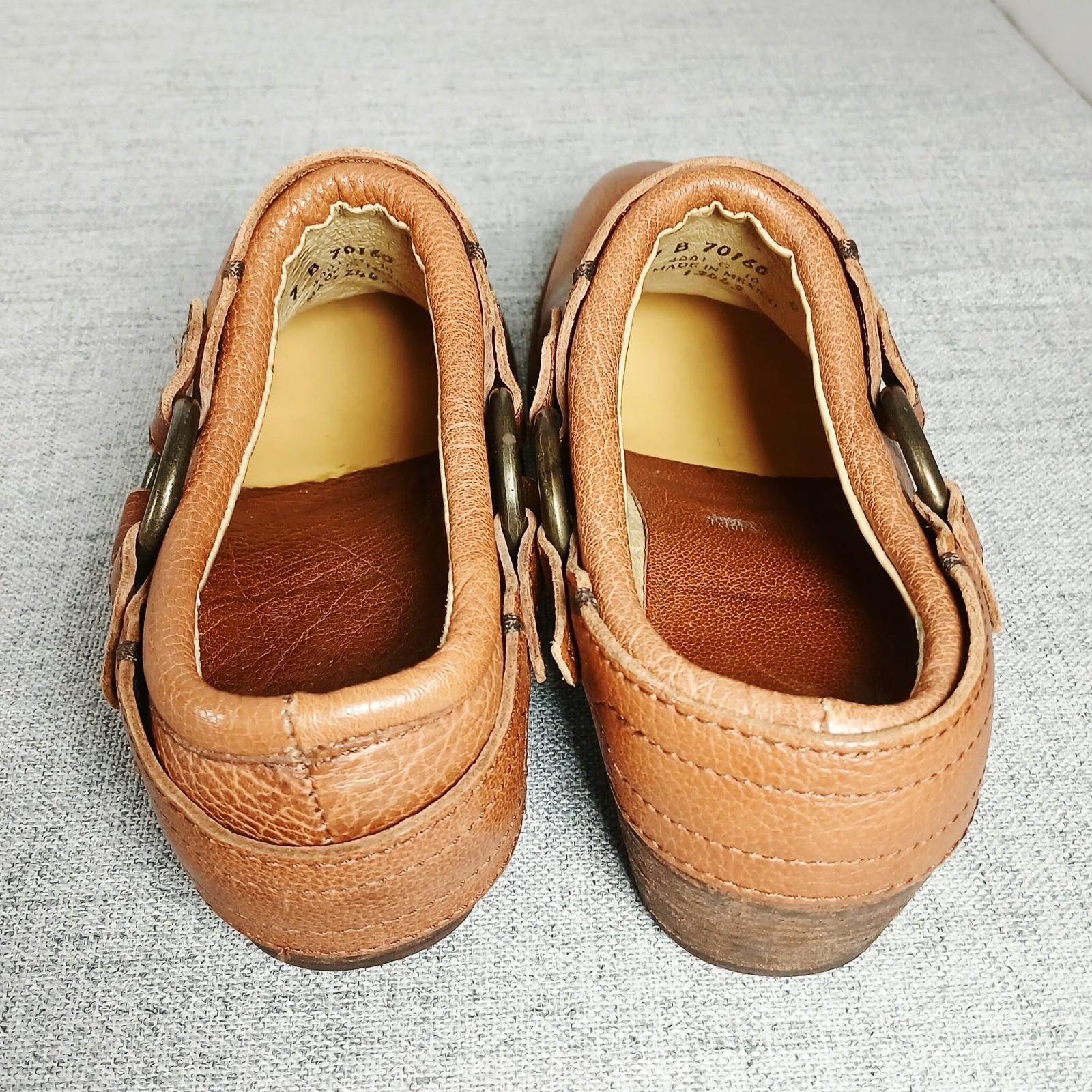 Frye Western Core Harness Ring Pebbled Leather Block Heel Mules Brown Scuffed