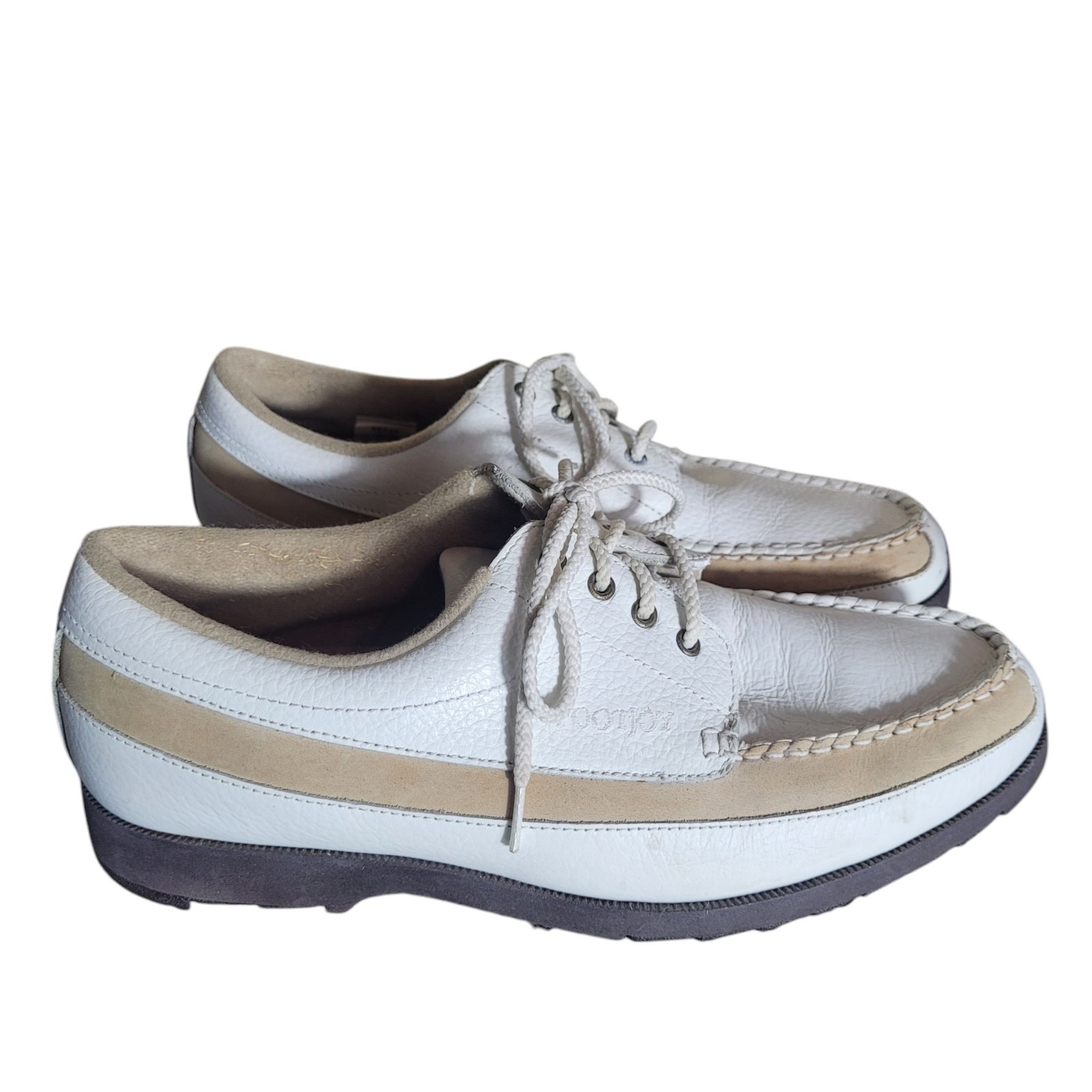 Footjoy Softjoy Leather Lace Up Loafers Shoes Women’s 8.5 White Tan Golf Preppy