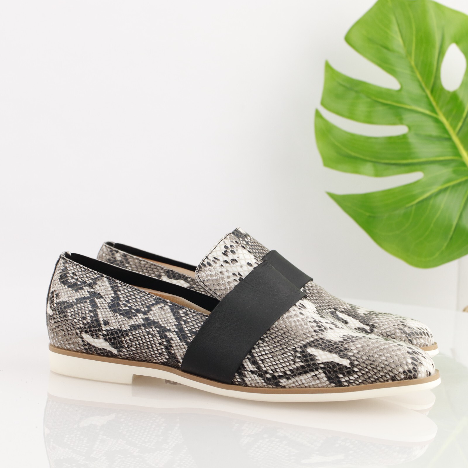 ALL-BLACK Womens Loafer Size 39.5 9 Black Gray Leather Python Slip On Shoe Flat