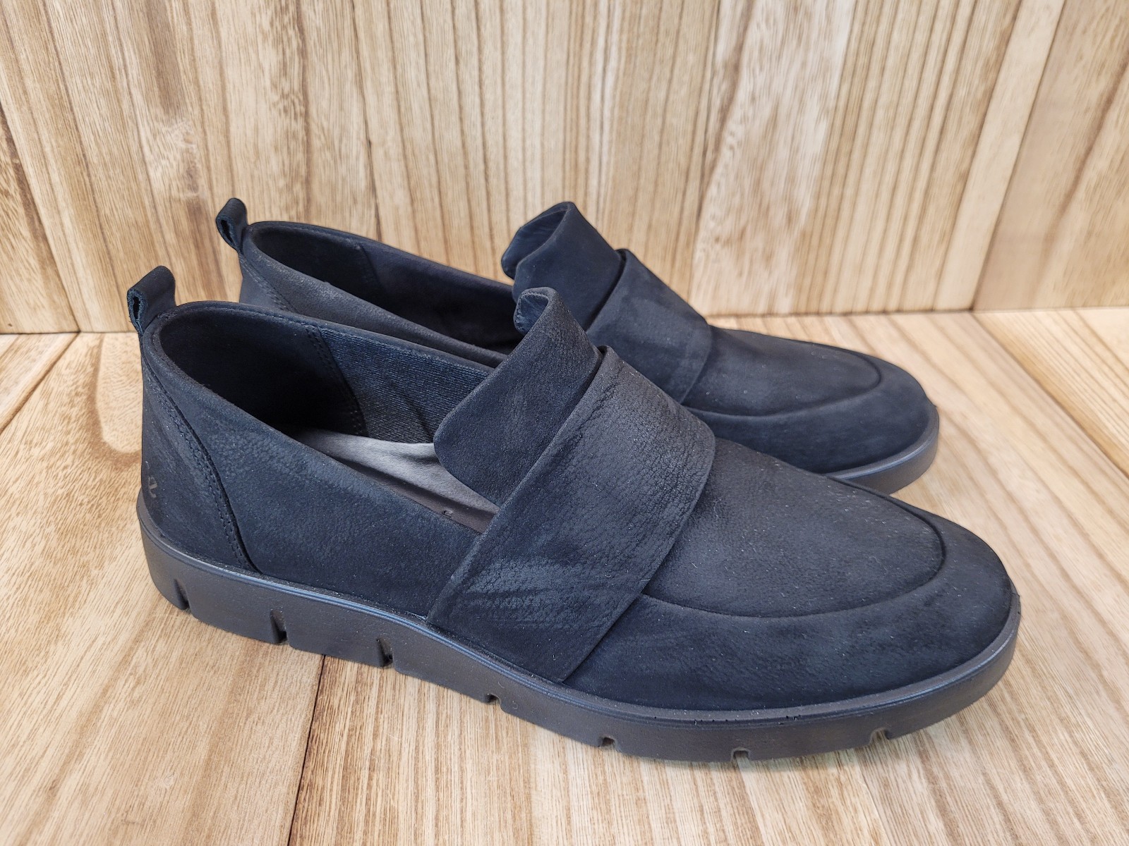 Ecco Bella Stretch Loafers Black Nubuck Slip On Flat Comfy Shoes Womens 8-8.5