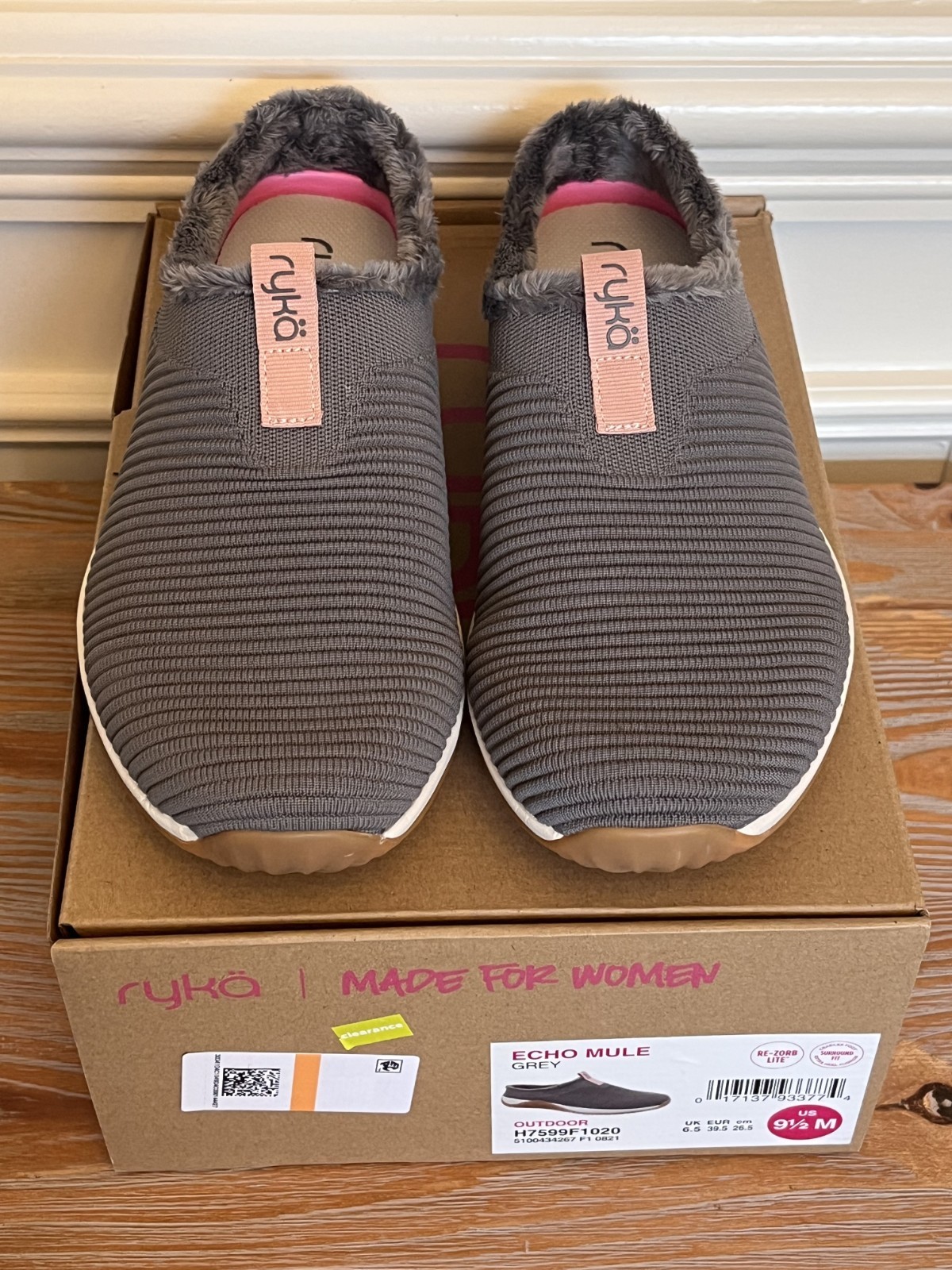 Women’s 9.5M Ryka Echo Mule, Grey Knit, Faux Fur Lined Slip On Comfort Shoes