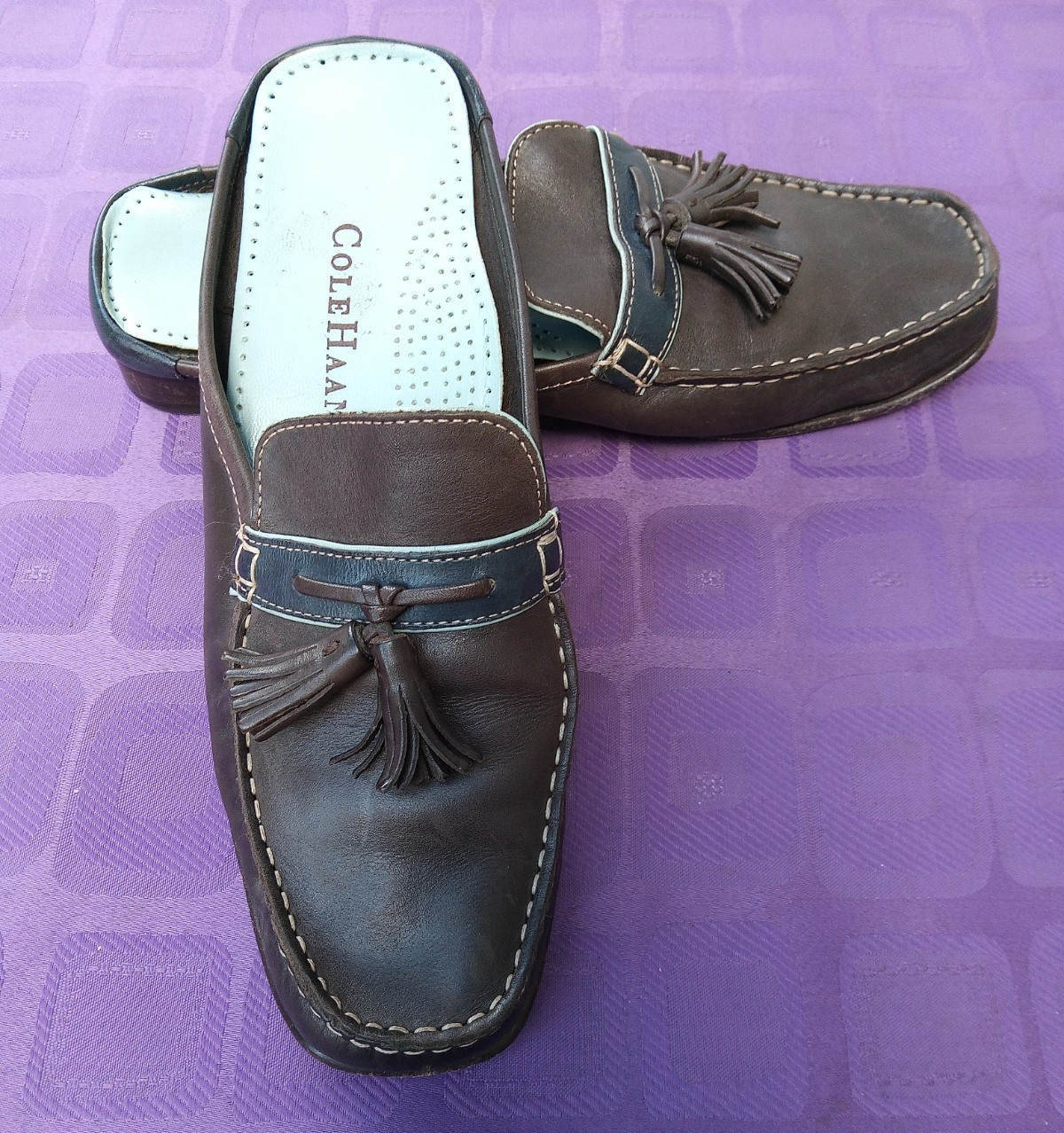 Comfort COLE HAAN Brown Navy LEATHER Women Size 7.5 B TASSEL Slides Shoes INDIA