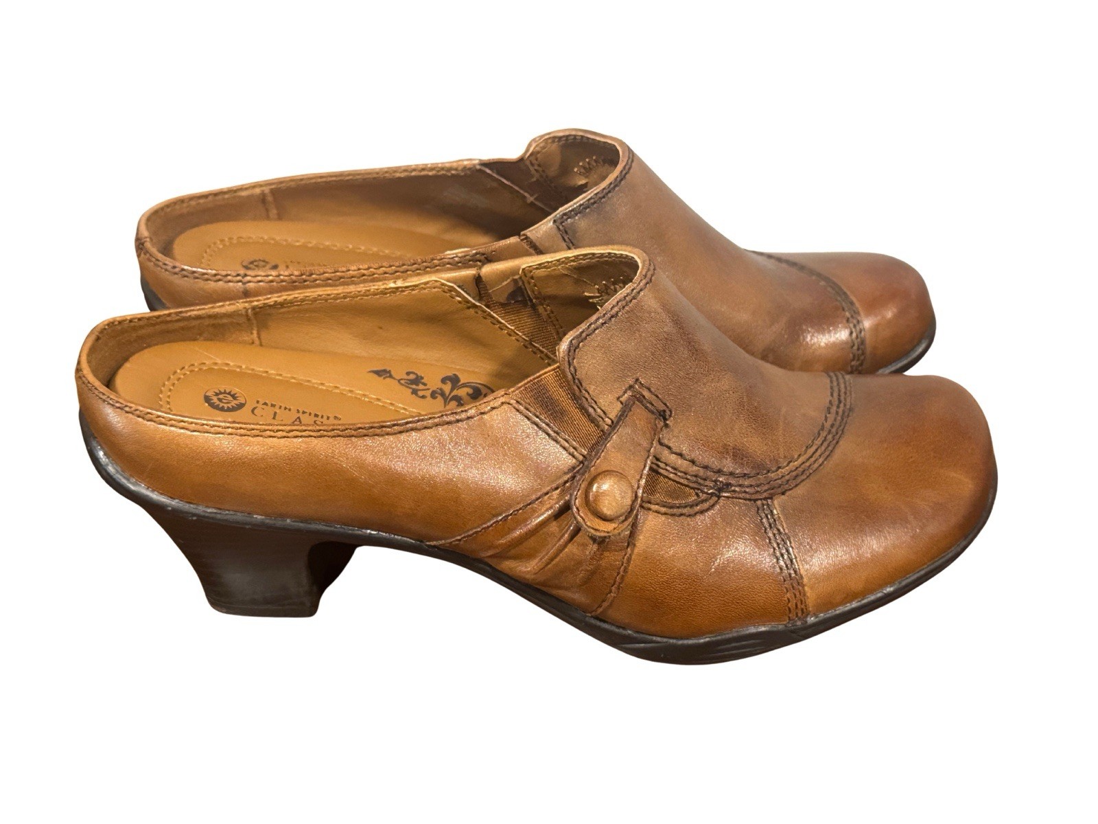 Earth Spirit Comfort Brown Saddle Leather Slip On Heel Clog Mules Sz 8 Boho