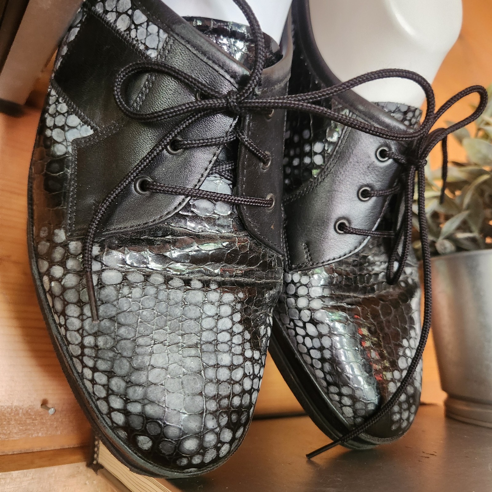 Waldlaufer Luftpolster Black Leather Diamond Snake Wedge Heel Oxford HTF Sz US 8