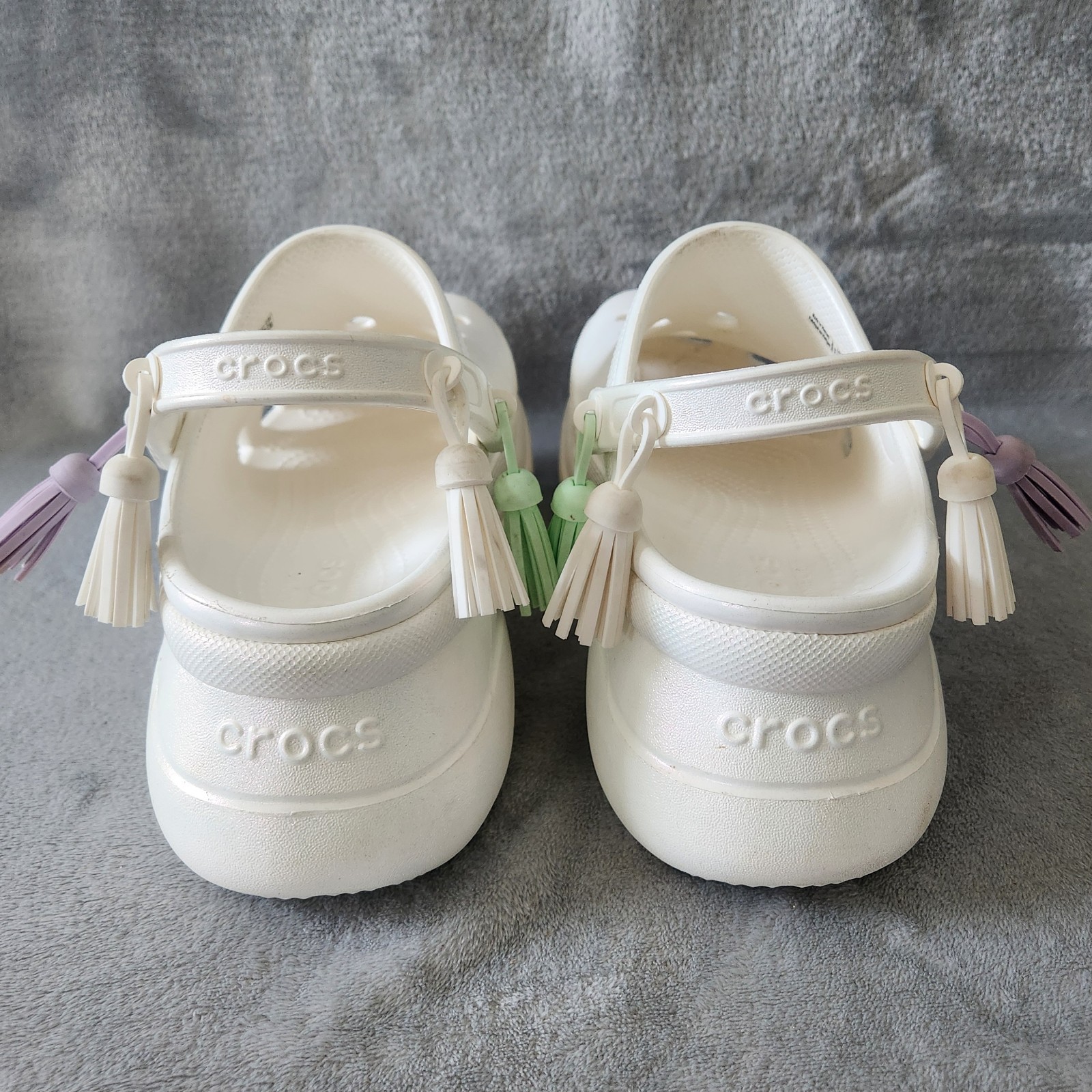 CROCS Classic Bae Festival Womens Iridescent White Tassel Platform Shoes Size 10