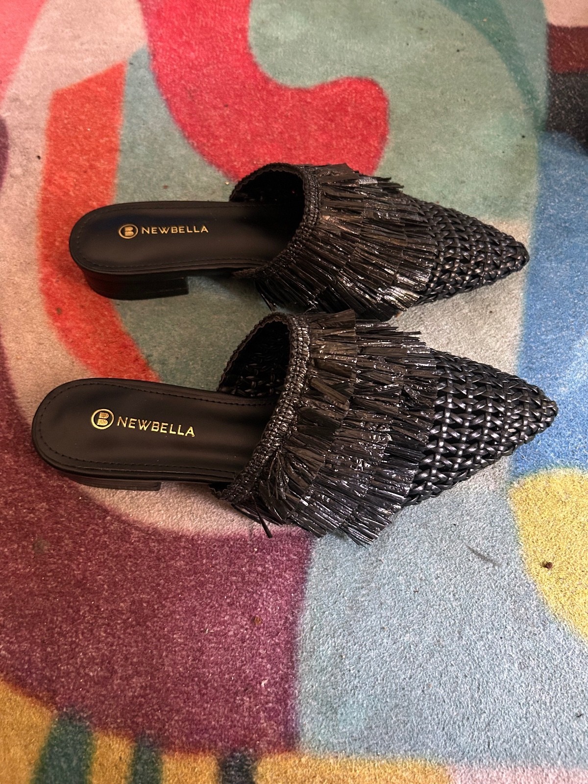 Newbella Black Woven Pointed Toe Slip-On Flats with Fringe Detail