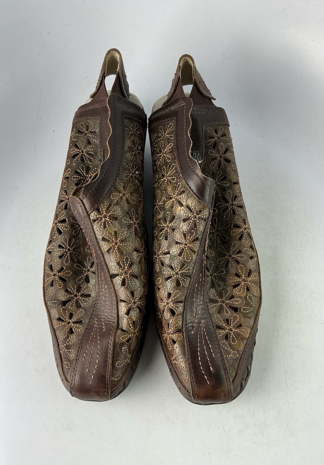 Pikolinos Romana Brown Leather Laser Cut Floral Daisy Shoes Sz 38- 7.5 US